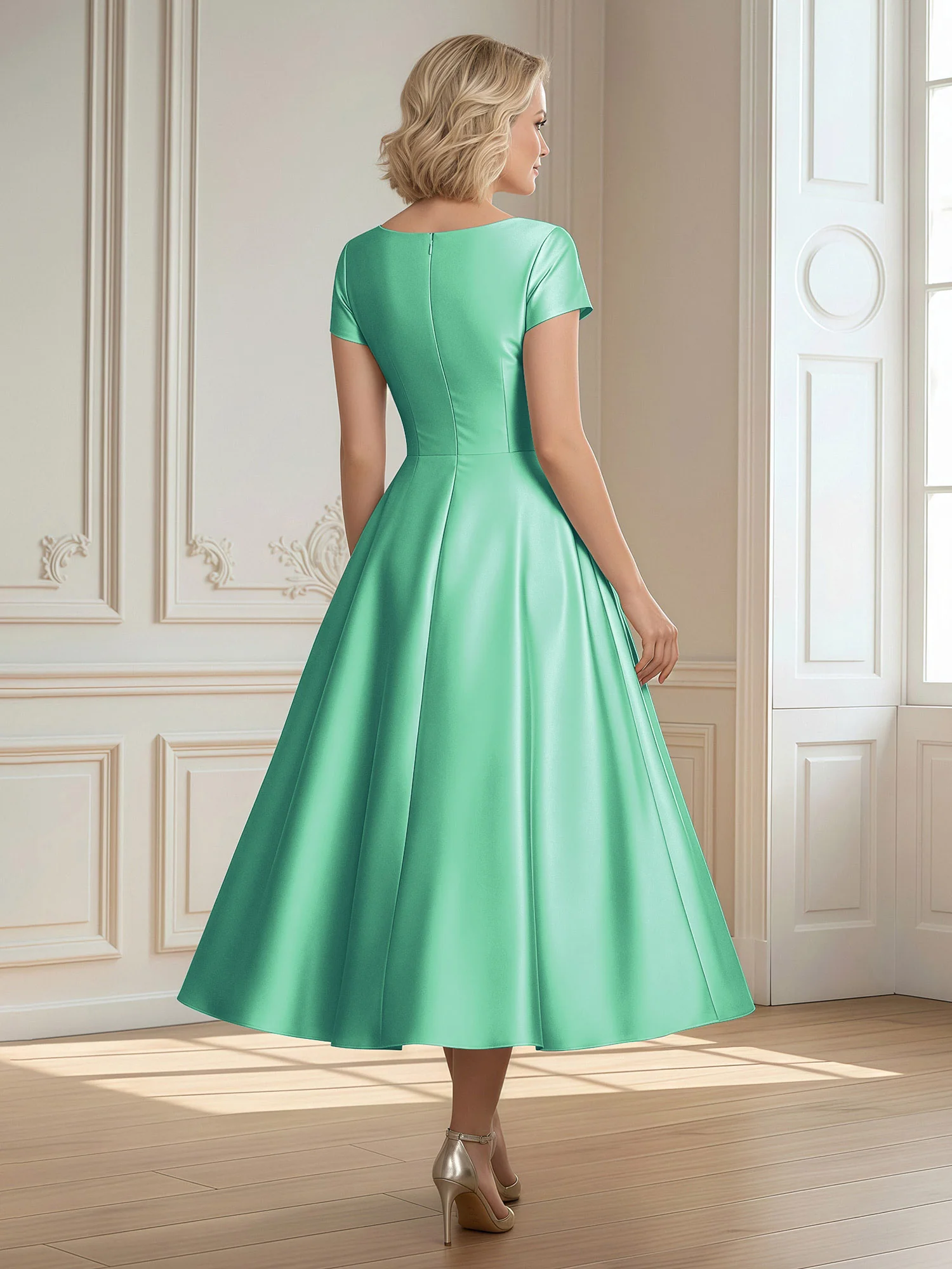 A-Line Scoop Satin Tea-Length Dress With Pleated Turquoise - Image 2