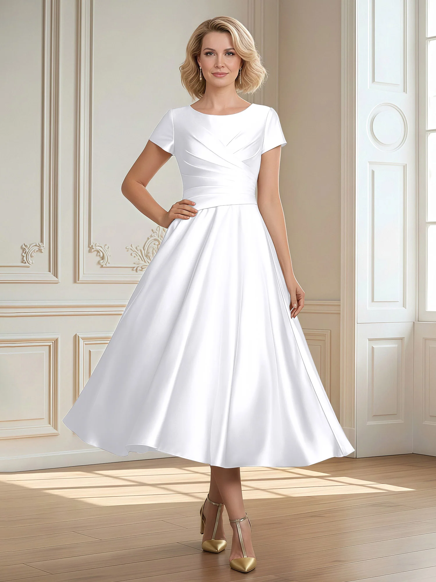 A-Line Scoop Satin Tea-Length Dress With Pleated White