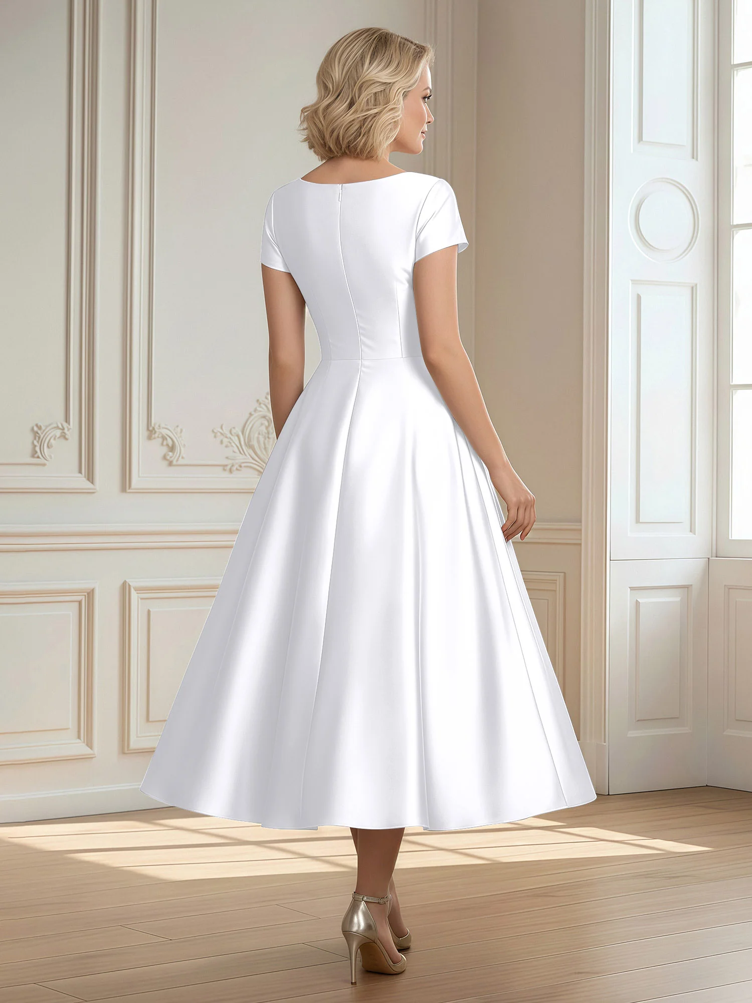 A-Line Scoop Satin Tea-Length Dress With Pleated White - Image 2