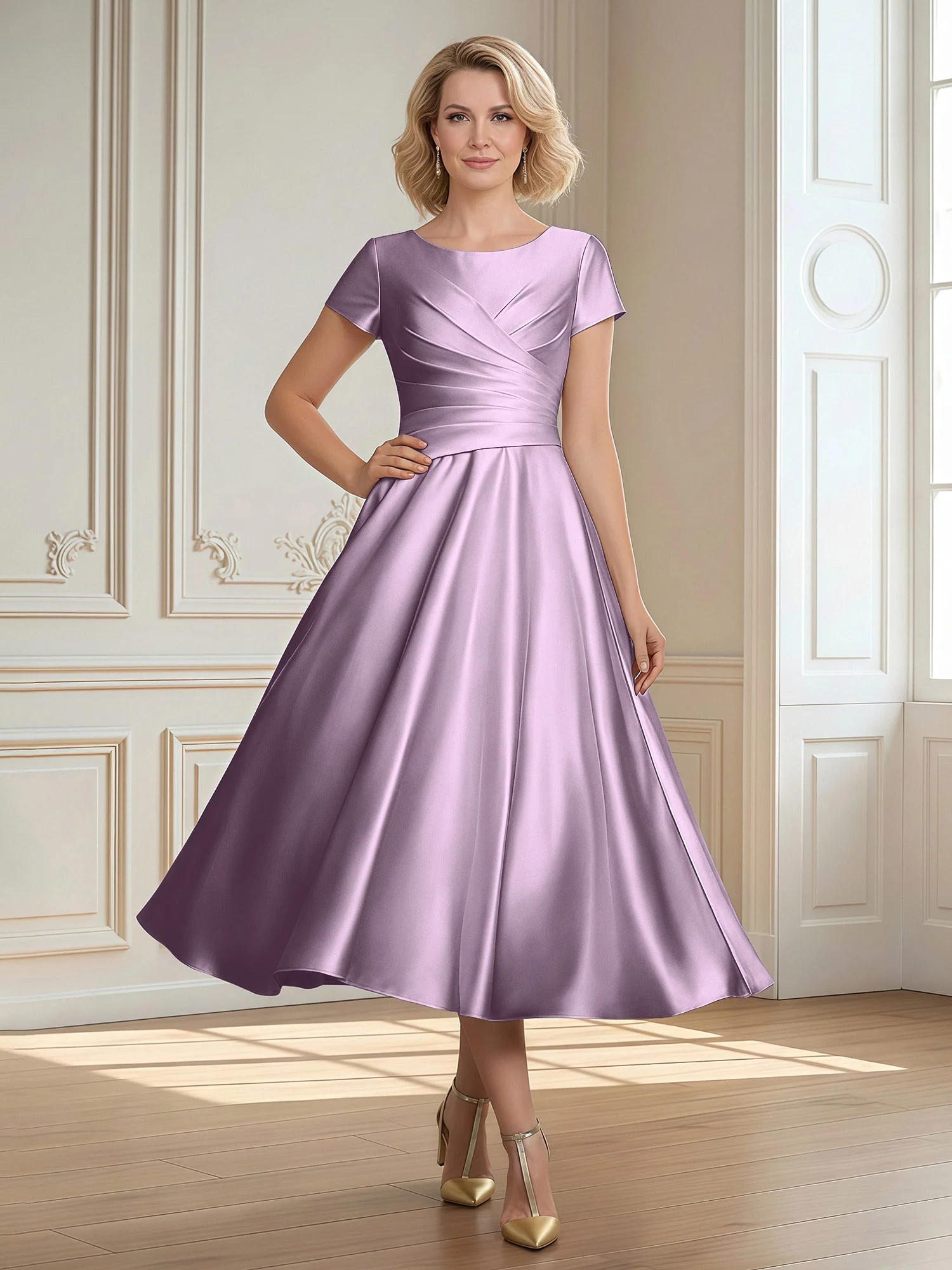 A-Line Scoop Satin Tea-Length Dress With Pleated Wisteria
