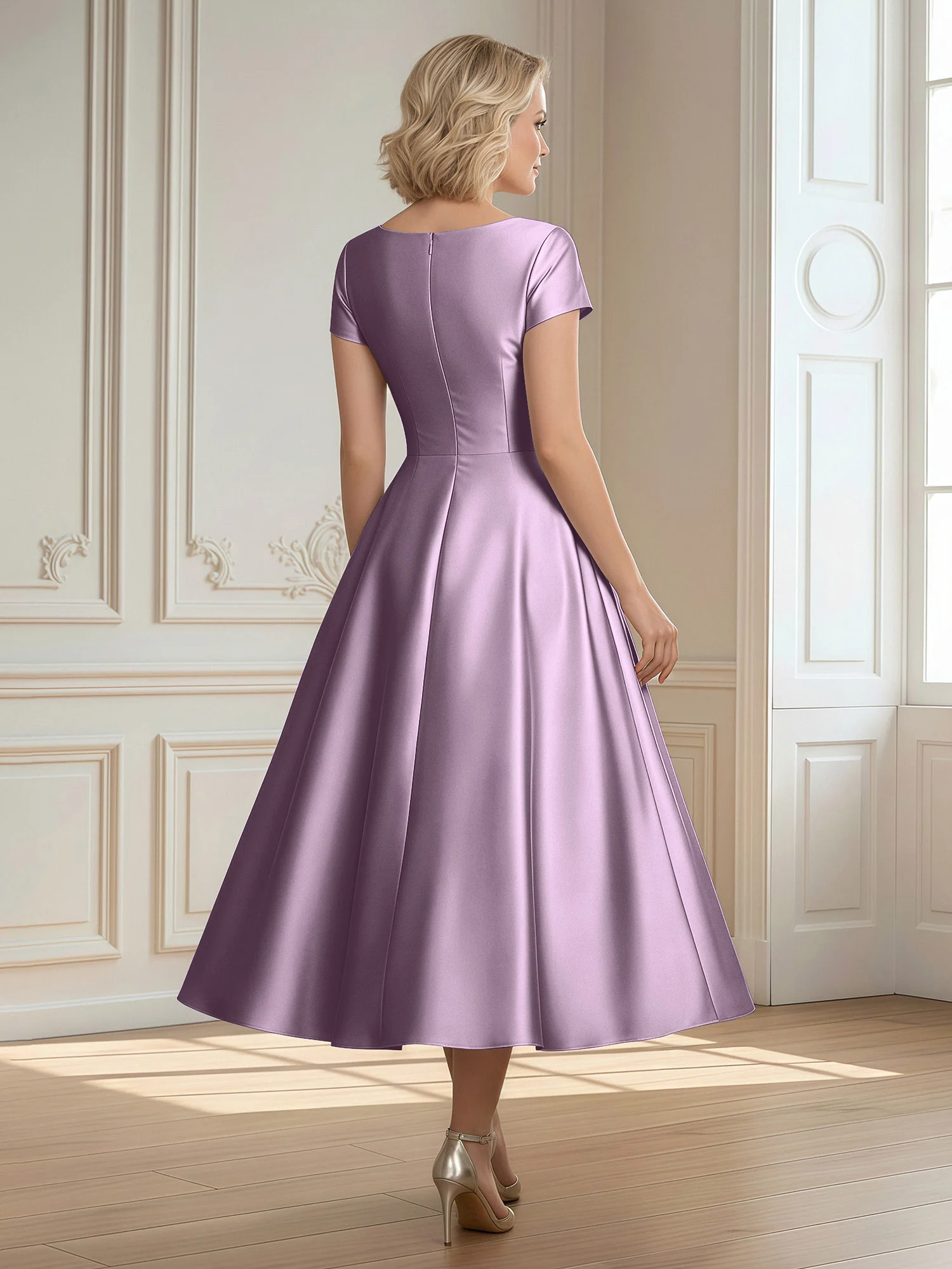 A-Line Scoop Satin Tea-Length Dress With Pleated Wisteria - Image 2