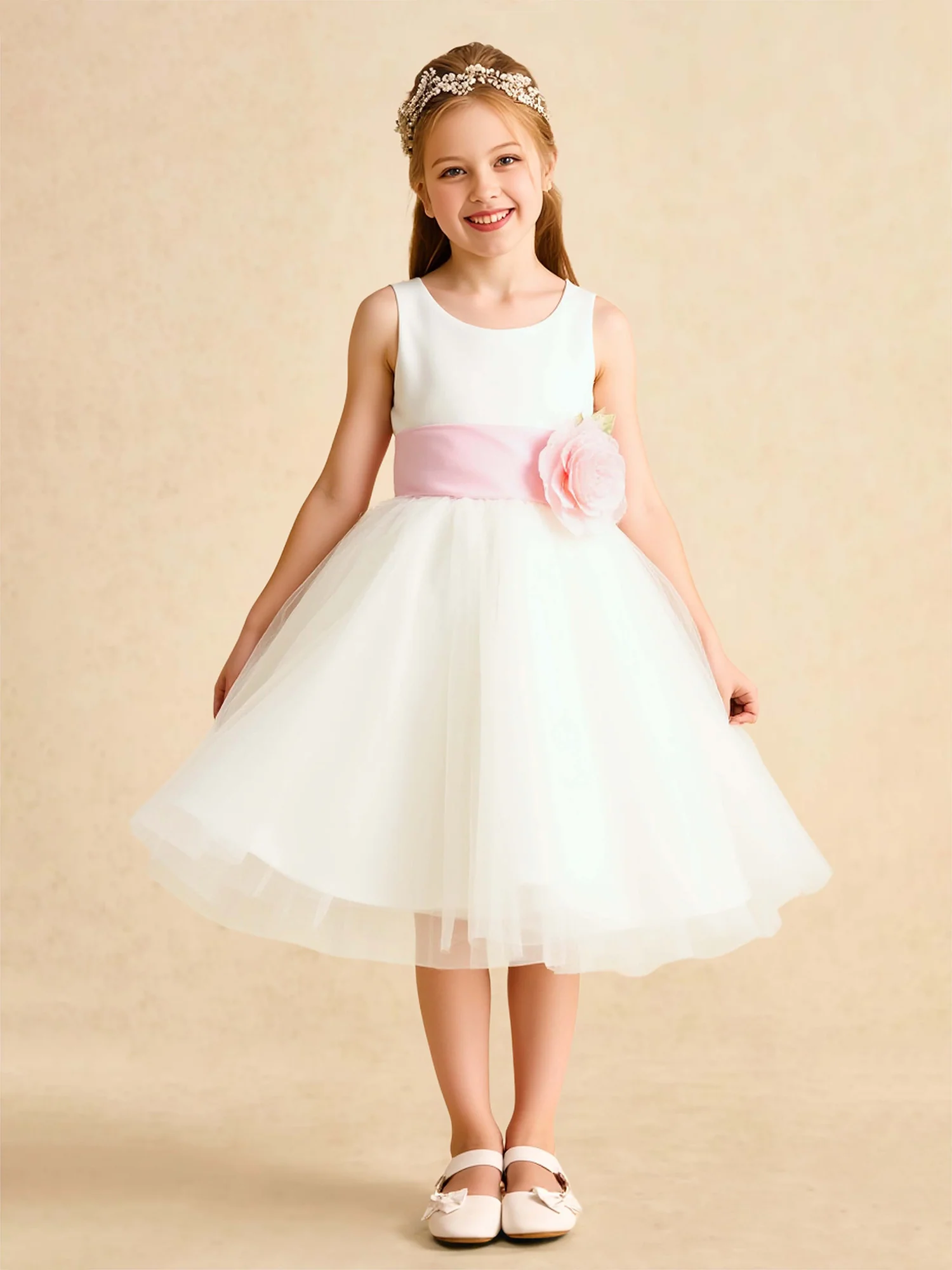 A-Line Scoop Tulle Flower Girl Dress With Floral Waist Ivory