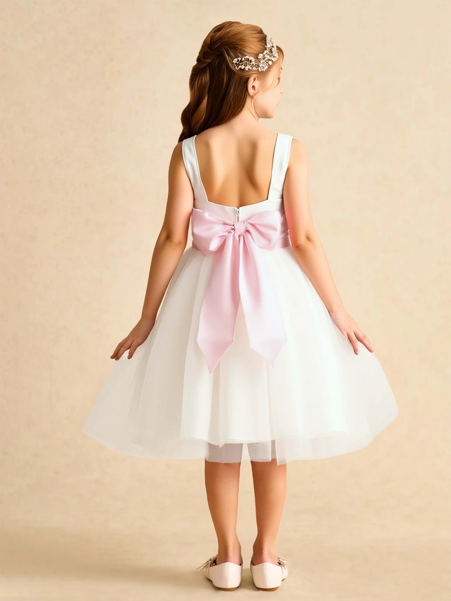 A-Line Scoop Tulle Flower Girl Dress With Floral Waist Ivory - Image 2