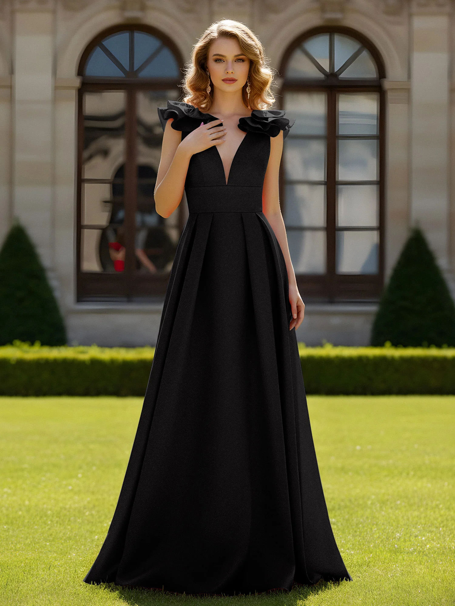A-line Sculptural Shoulder Ruffle V-neck Long Dress Black