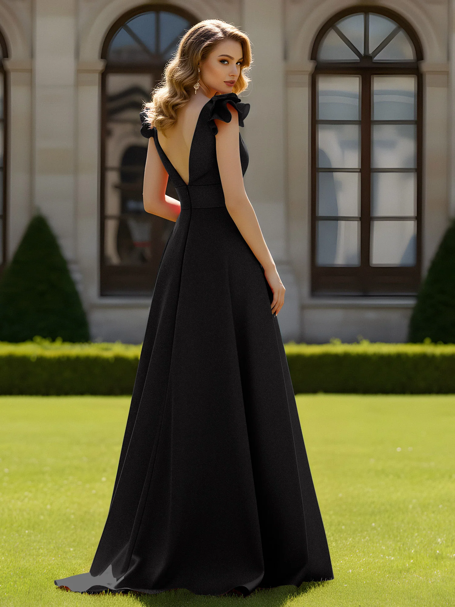 A-line Sculptural Shoulder Ruffle V-neck Long Dress Black - Image 2
