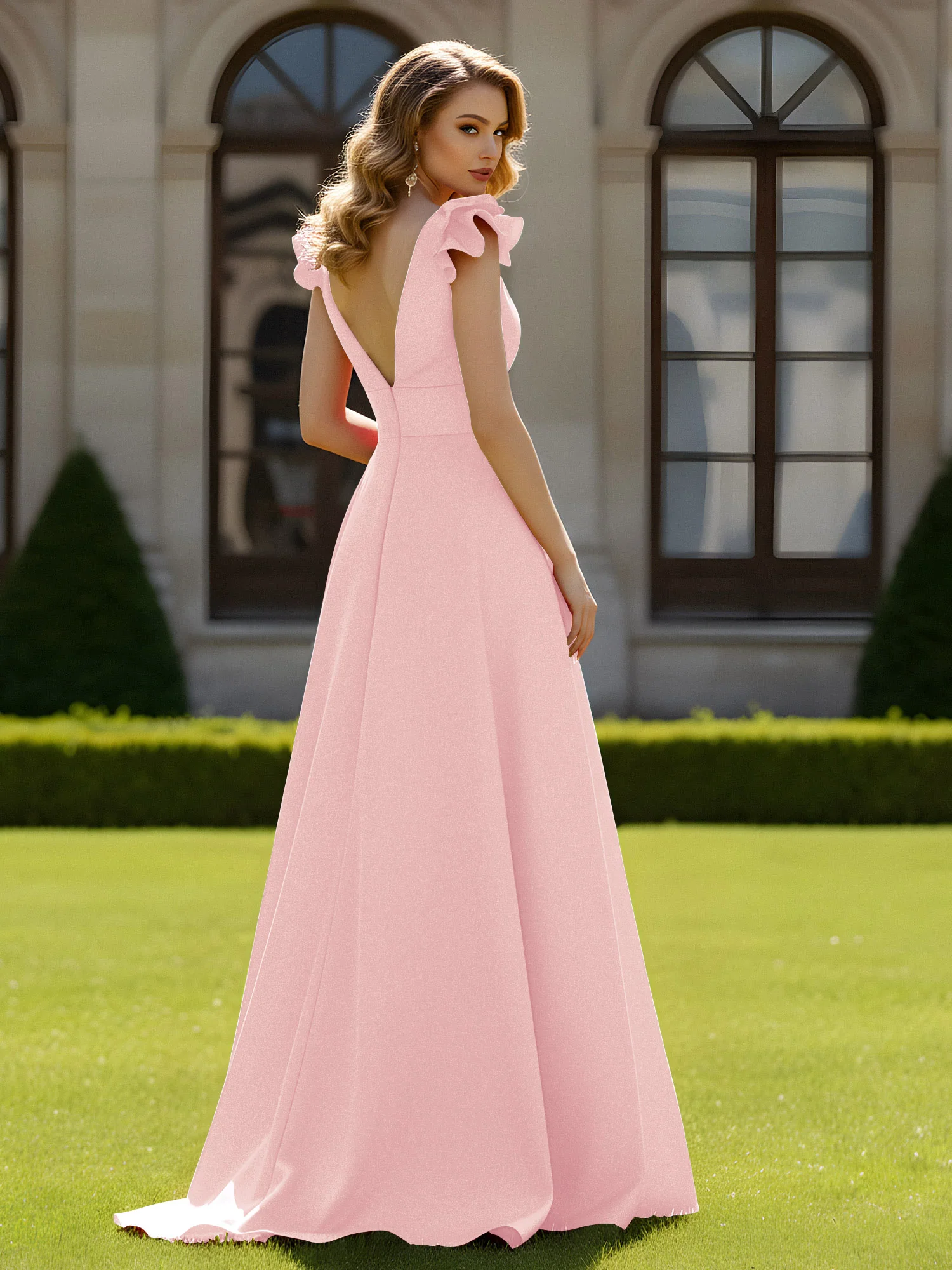 A-line Sculptural Shoulder Ruffle V-neck Long Dress Blushing Pink - Image 2