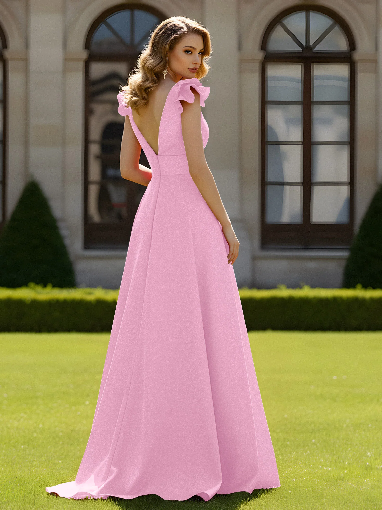 A-line Sculptural Shoulder Ruffle V-neck Long Dress Candy Pink - Image 2