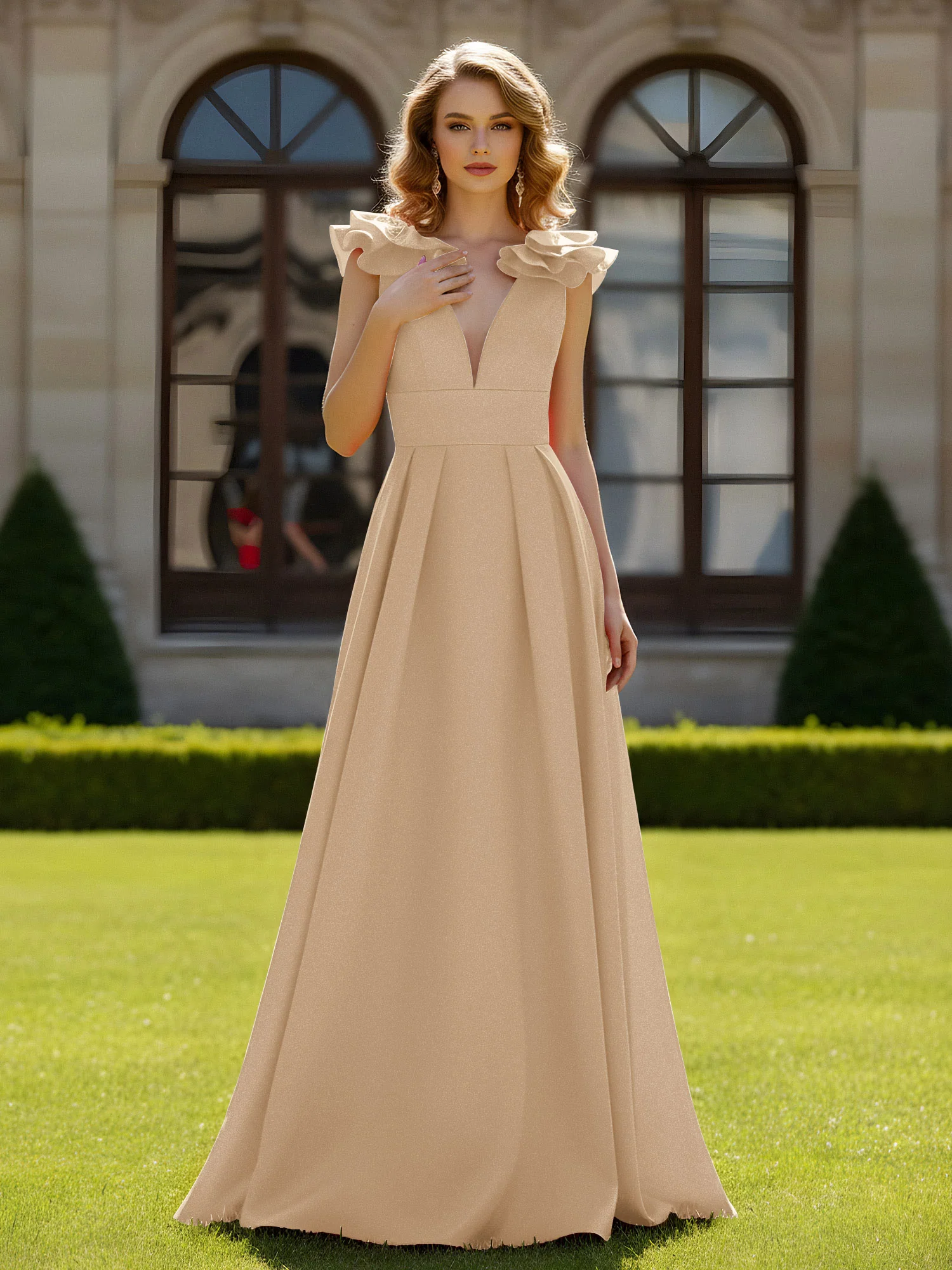 A-line Sculptural Shoulder Ruffle V-neck Long Dress Champagne