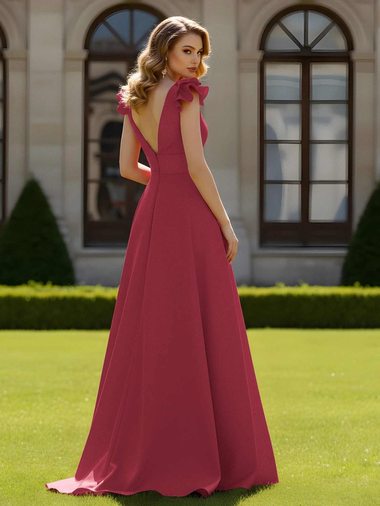 A-line Sculptural Shoulder Ruffle V-neck Long Dress Cinnamon Rose - Image 2