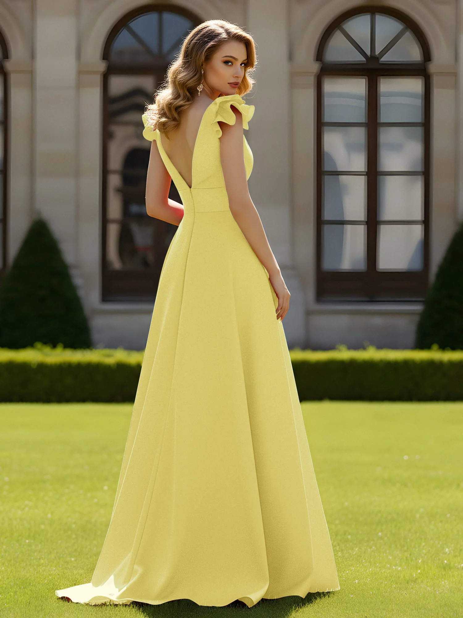A-line Sculptural Shoulder Ruffle V-neck Long Dress Daffodil - Image 2