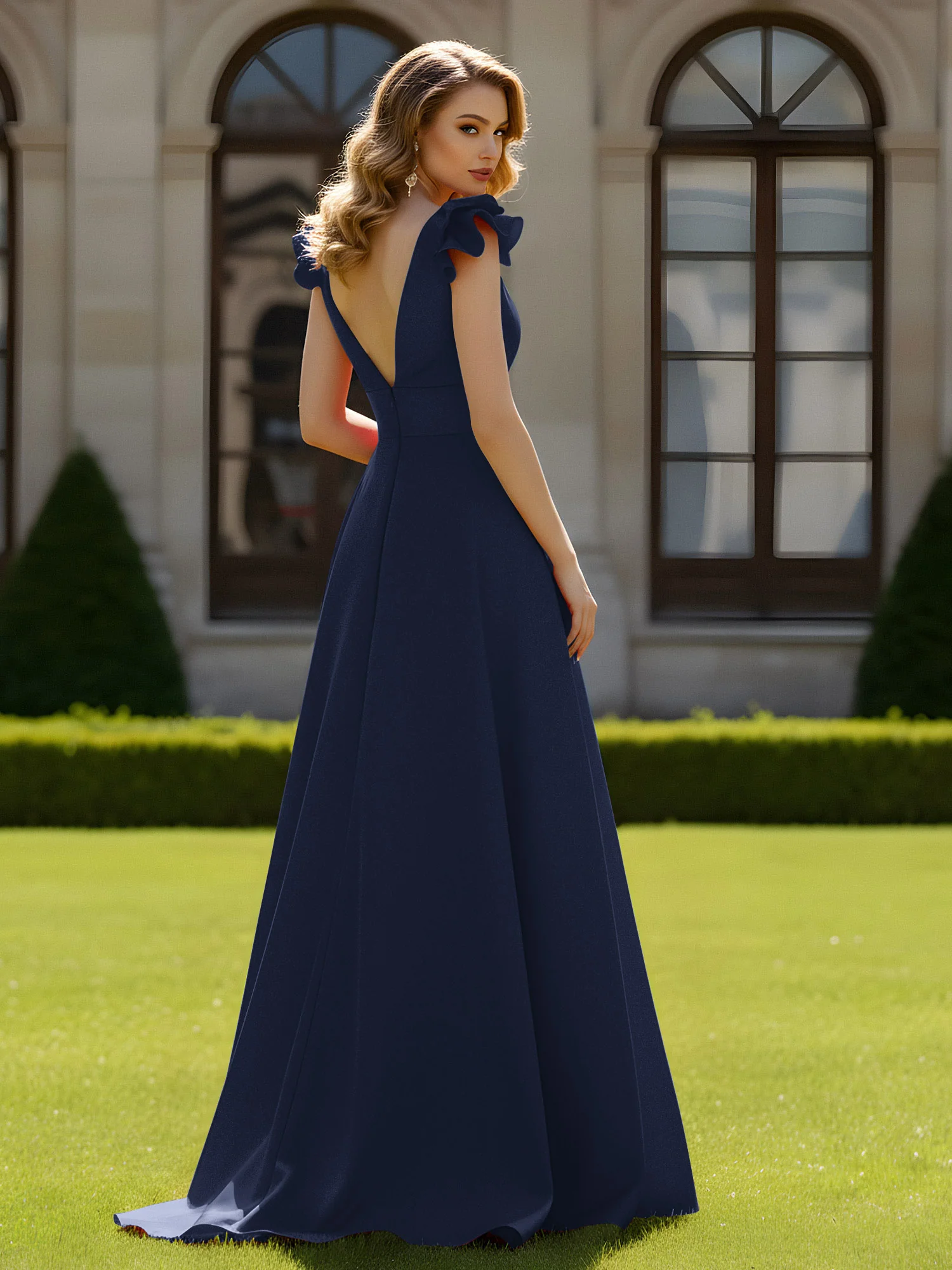 A-line Sculptural Shoulder Ruffle V-neck Long Dress Dark Navy - Image 2