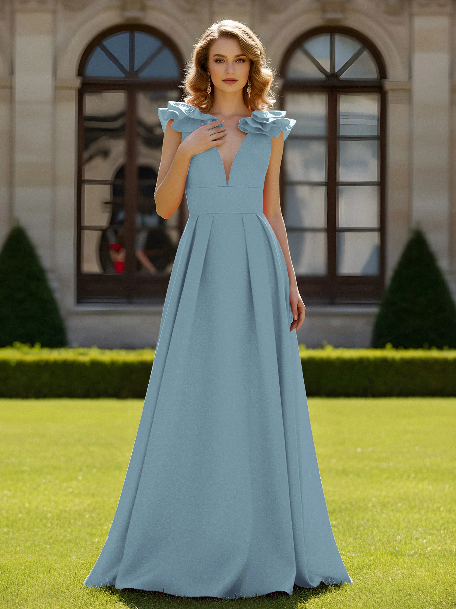 A-line Sculptural Shoulder Ruffle V-neck Long Dress Dusty Blue