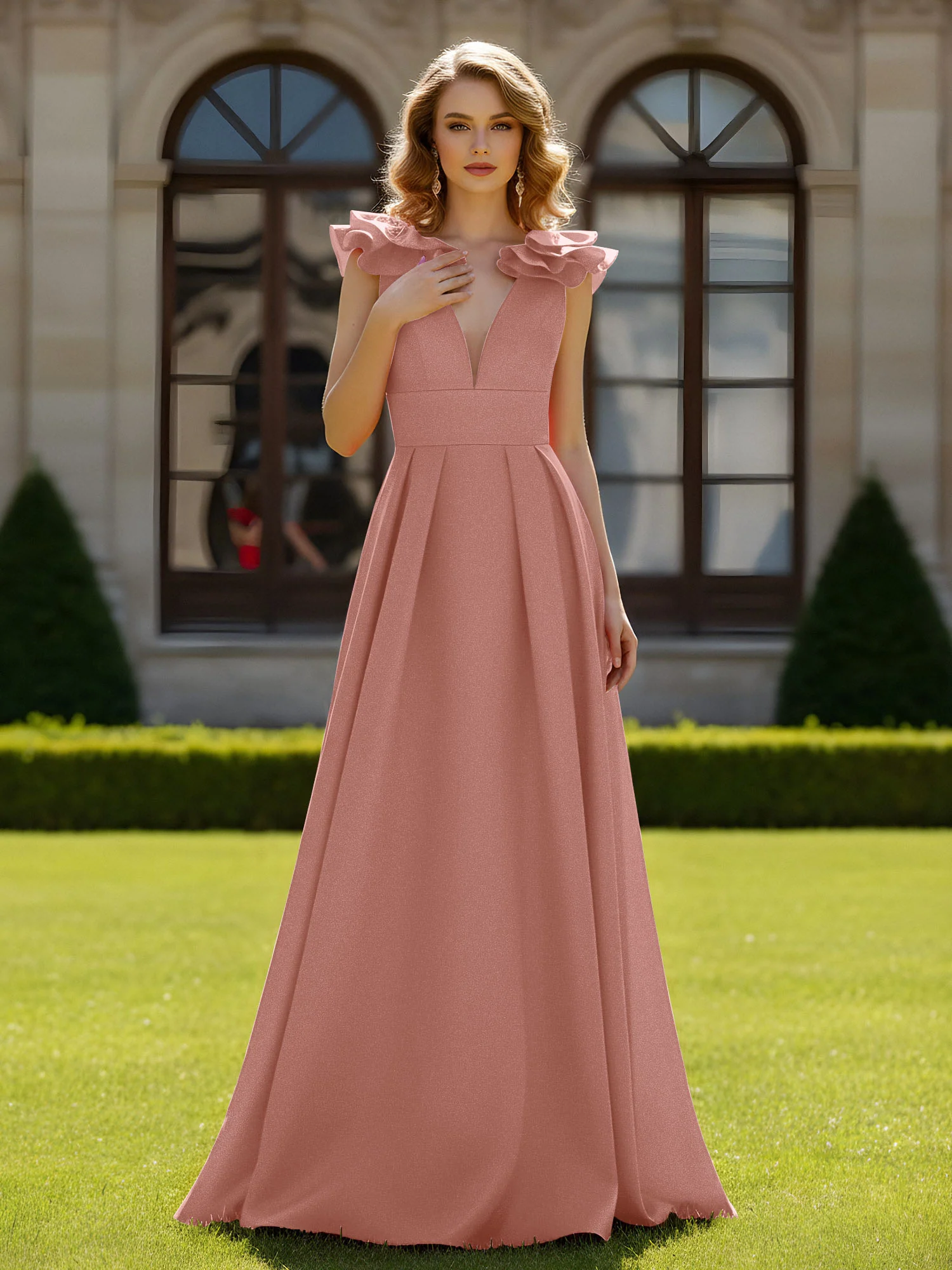 A-line Sculptural Shoulder Ruffle V-neck Long Dress Dusty Rose