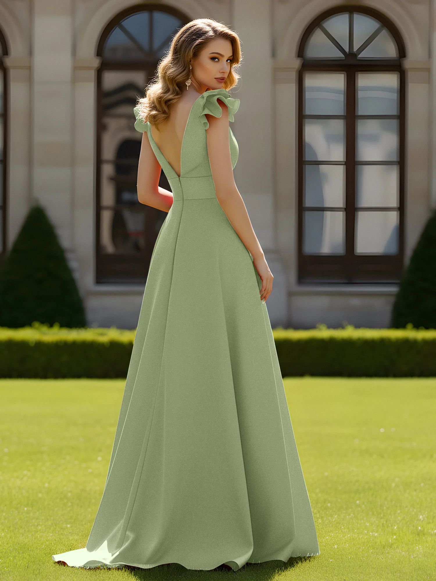 A-line Sculptural Shoulder Ruffle V-neck Long Dress Dusty Sage - Image 2