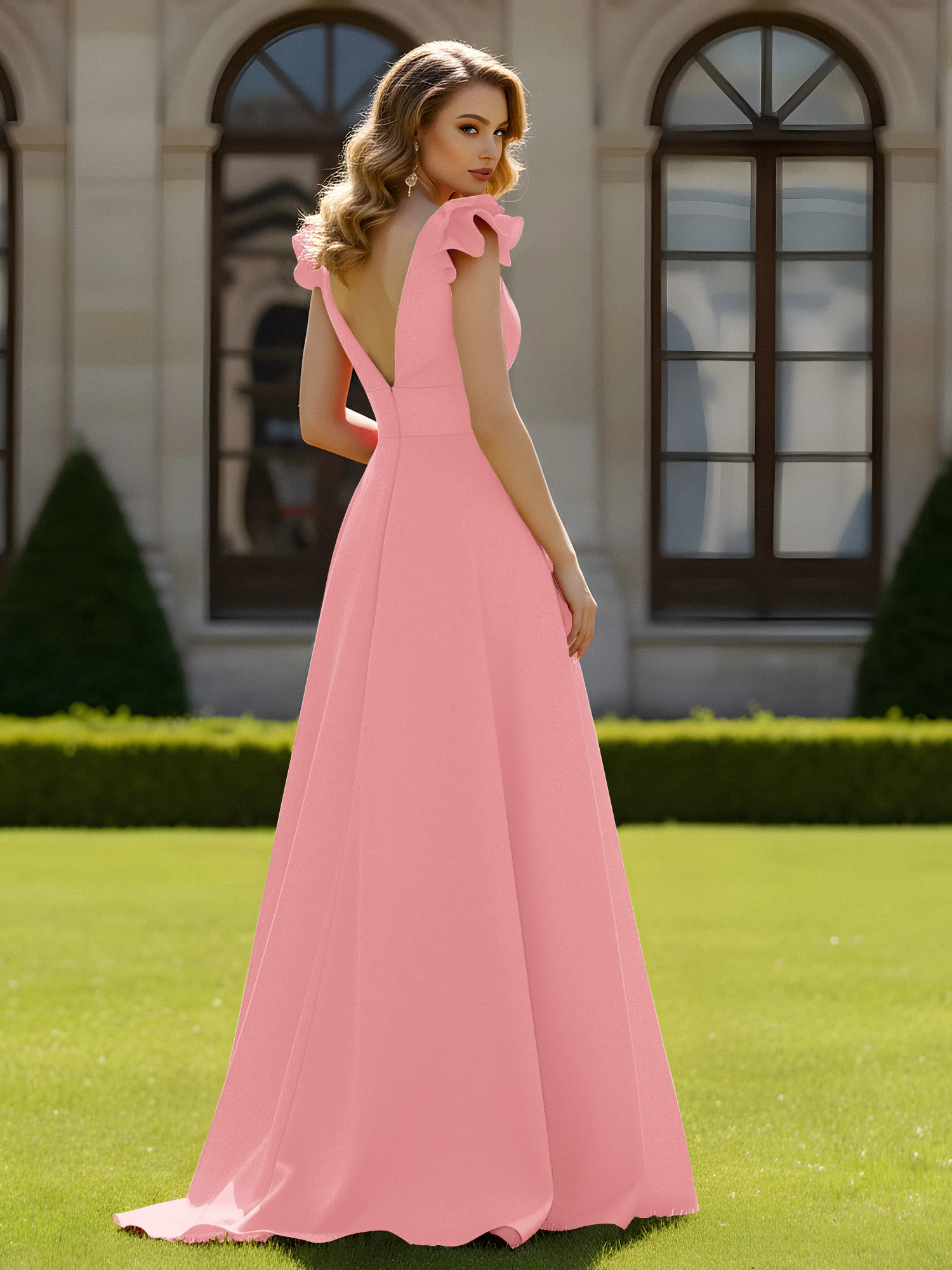 A-line Sculptural Shoulder Ruffle V-neck Long Dress Flamingo - Image 2