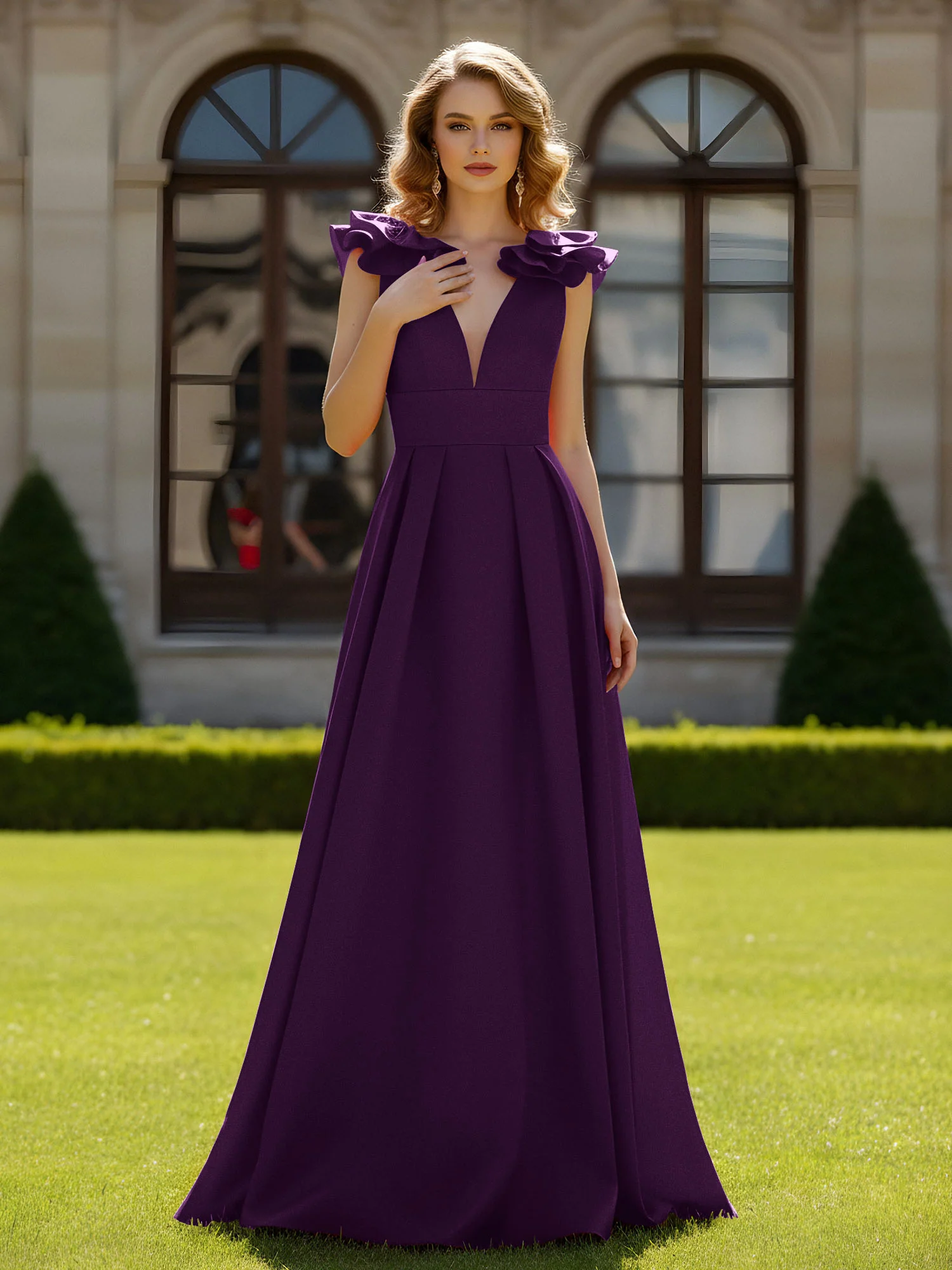A-line Sculptural Shoulder Ruffle V-neck Long Dress Grape