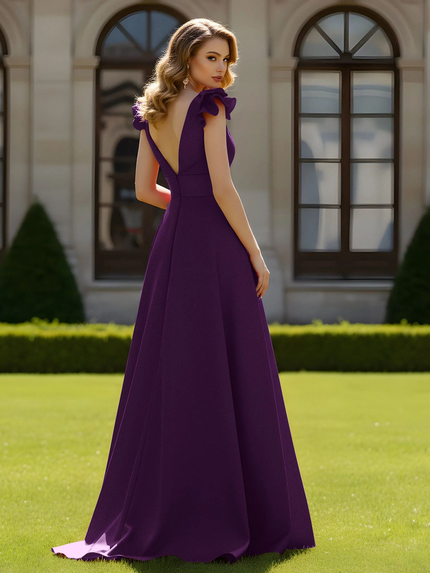 A-line Sculptural Shoulder Ruffle V-neck Long Dress Grape - Image 2