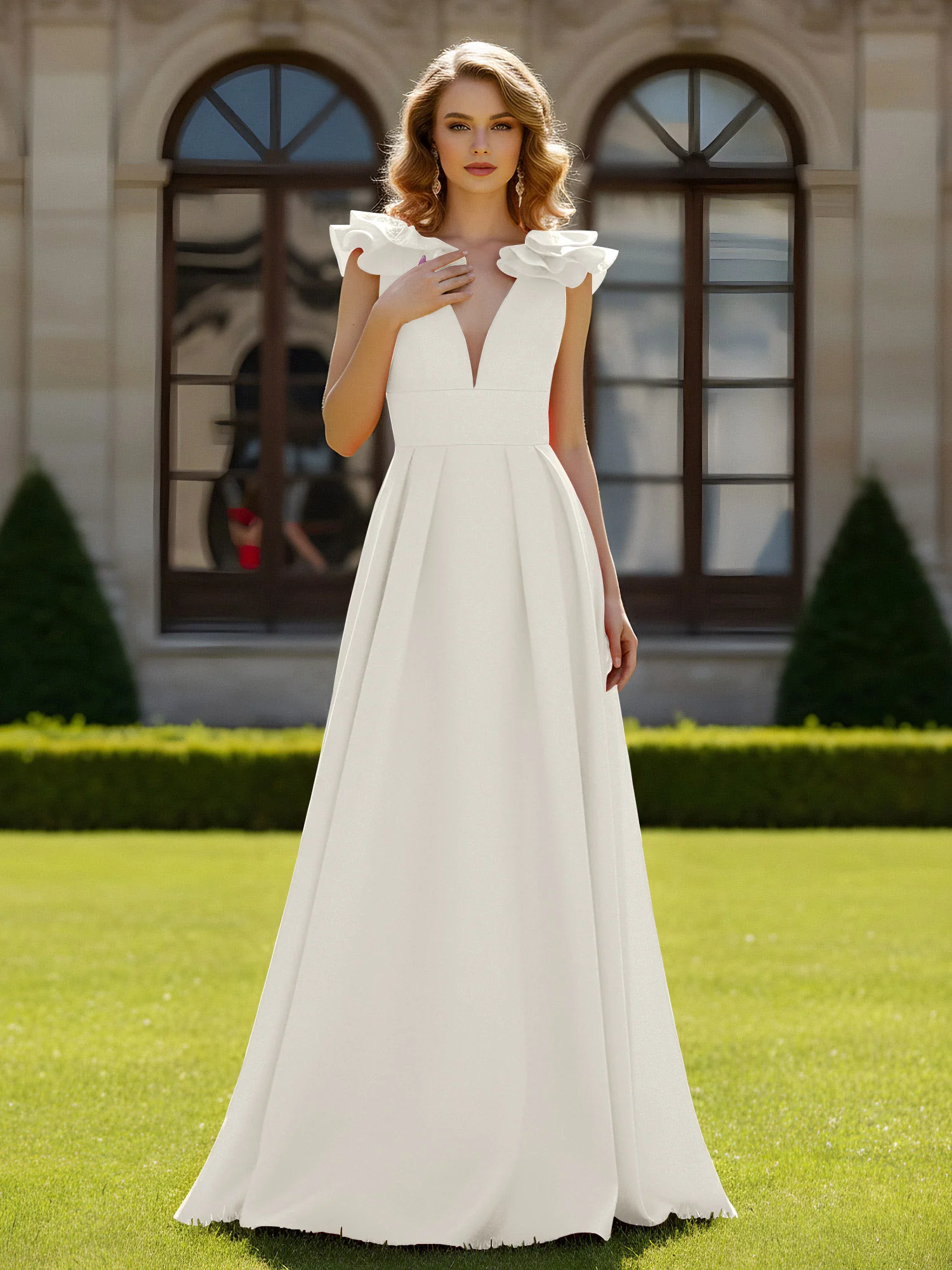 A-line Sculptural Shoulder Ruffle V-neck Long Dress Ivory