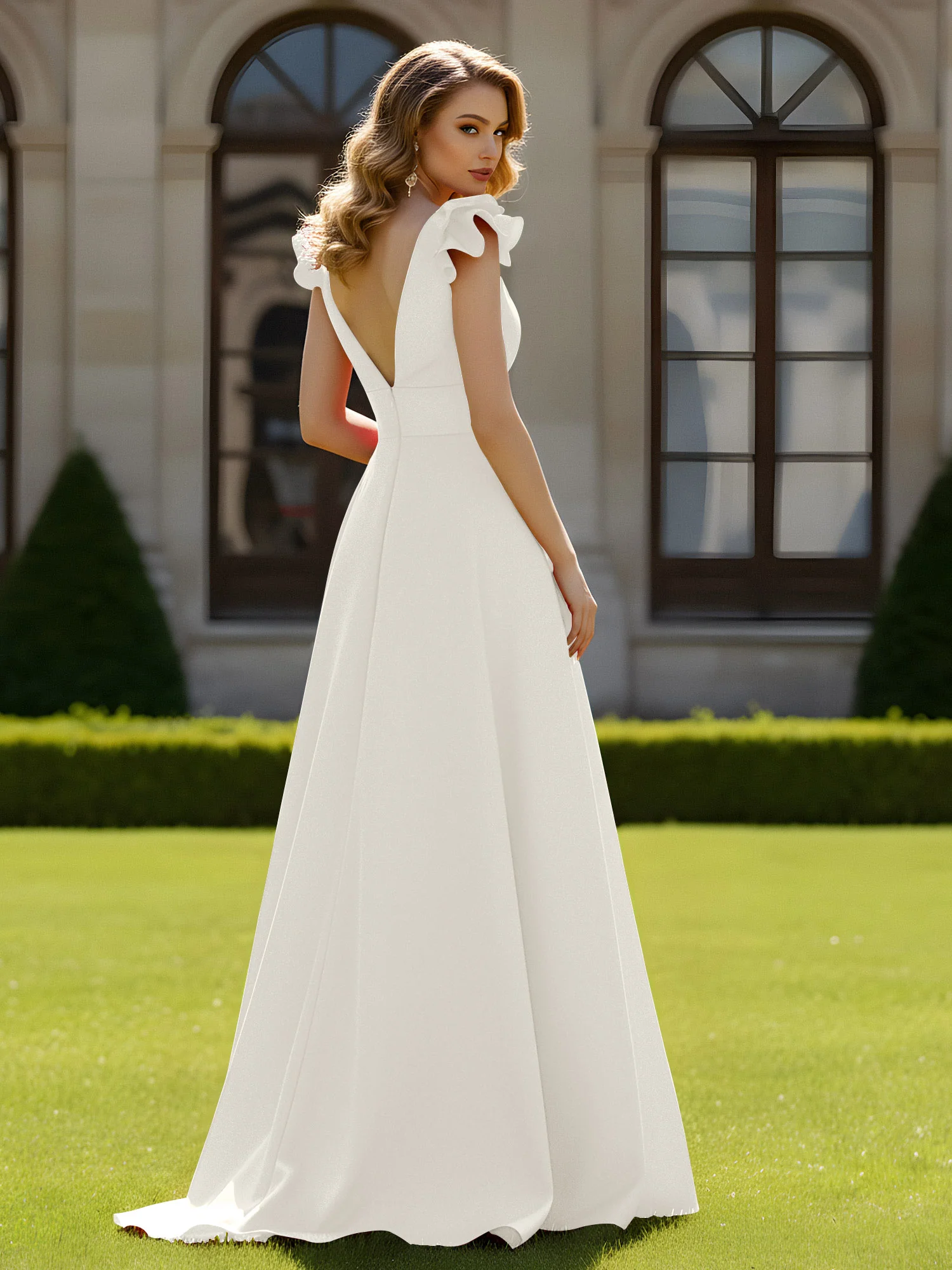 A-line Sculptural Shoulder Ruffle V-neck Long Dress Ivory - Image 2