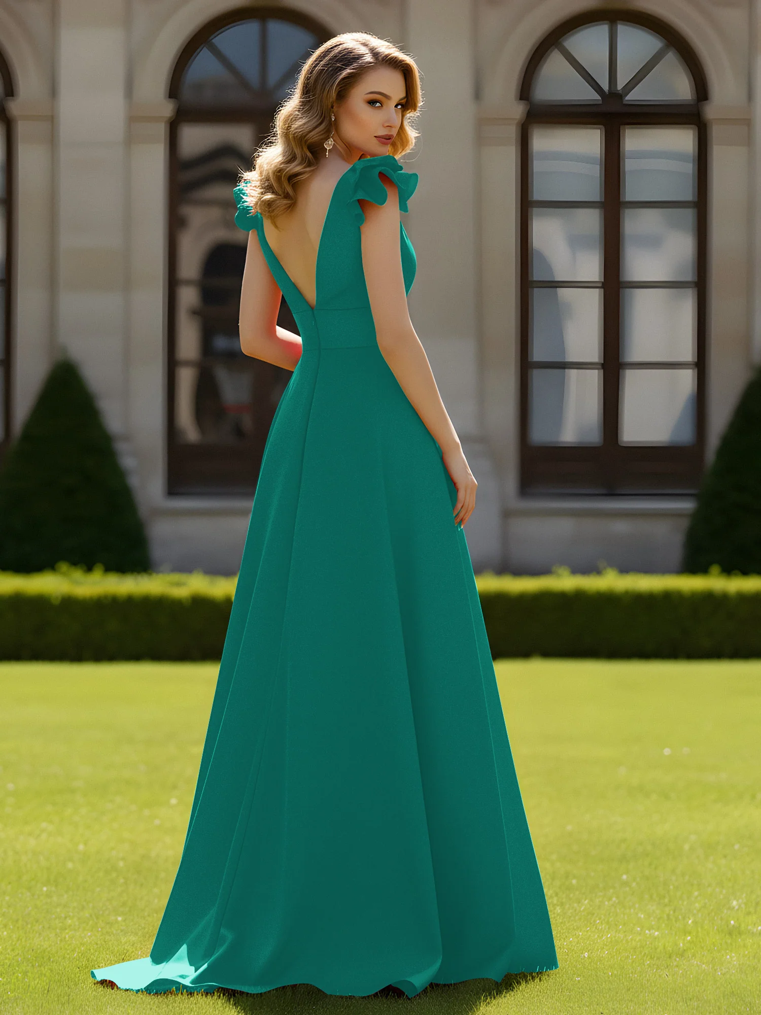 A-line Sculptural Shoulder Ruffle V-neck Long Dress Jade - Image 2