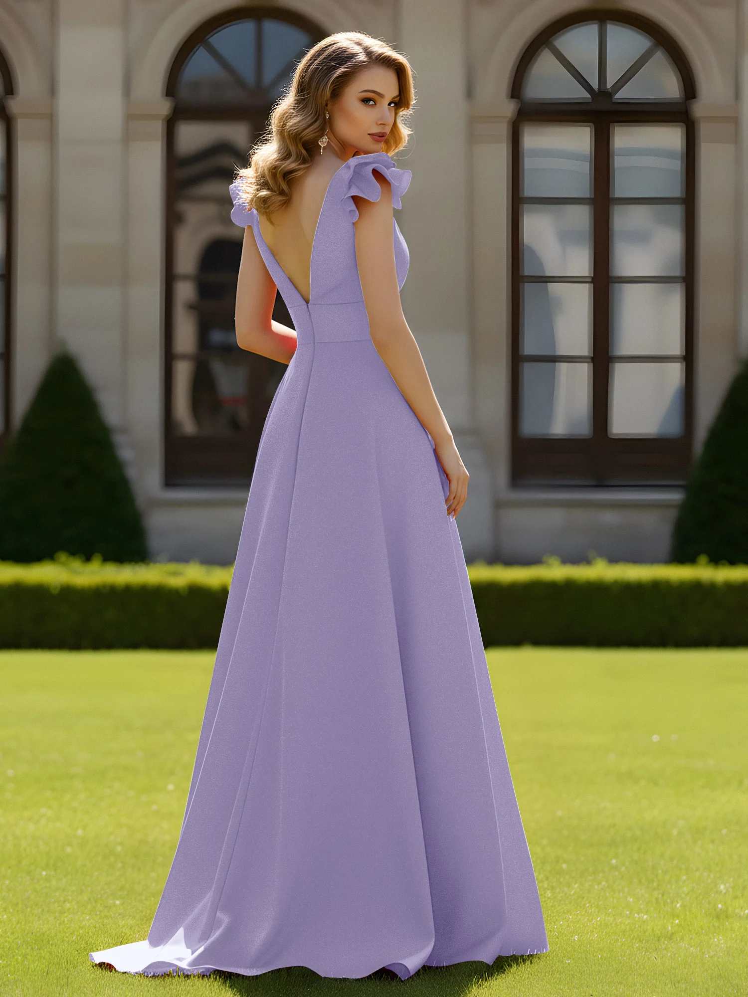 A-line Sculptural Shoulder Ruffle V-neck Long Dress Lavender - Image 2
