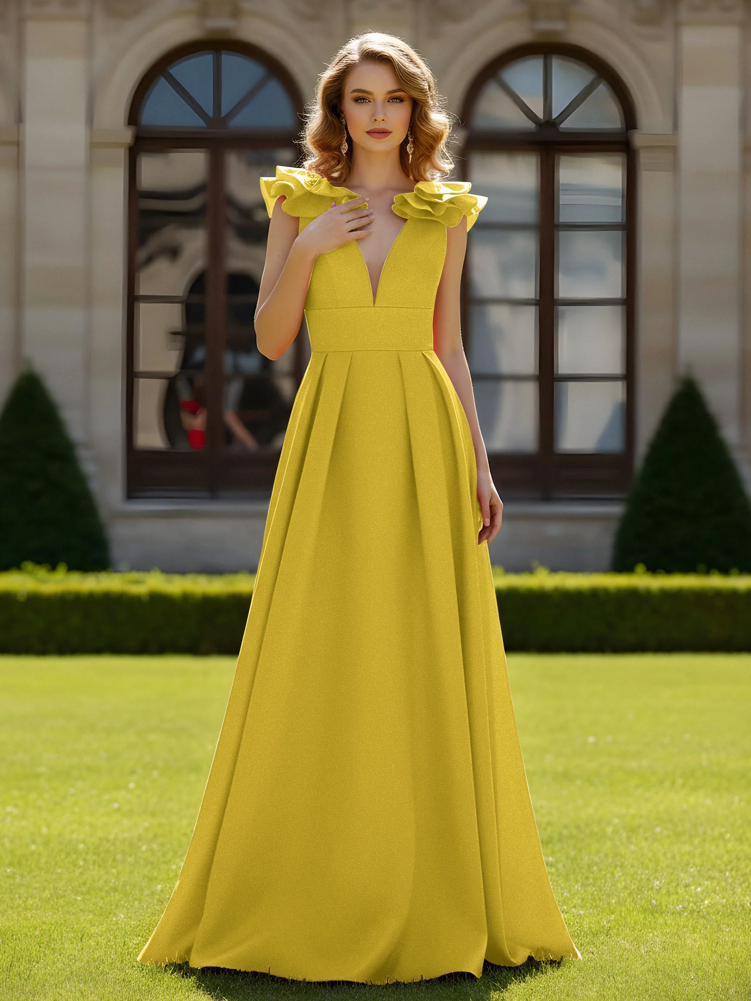 A-line Sculptural Shoulder Ruffle V-neck Long Dress Marigold