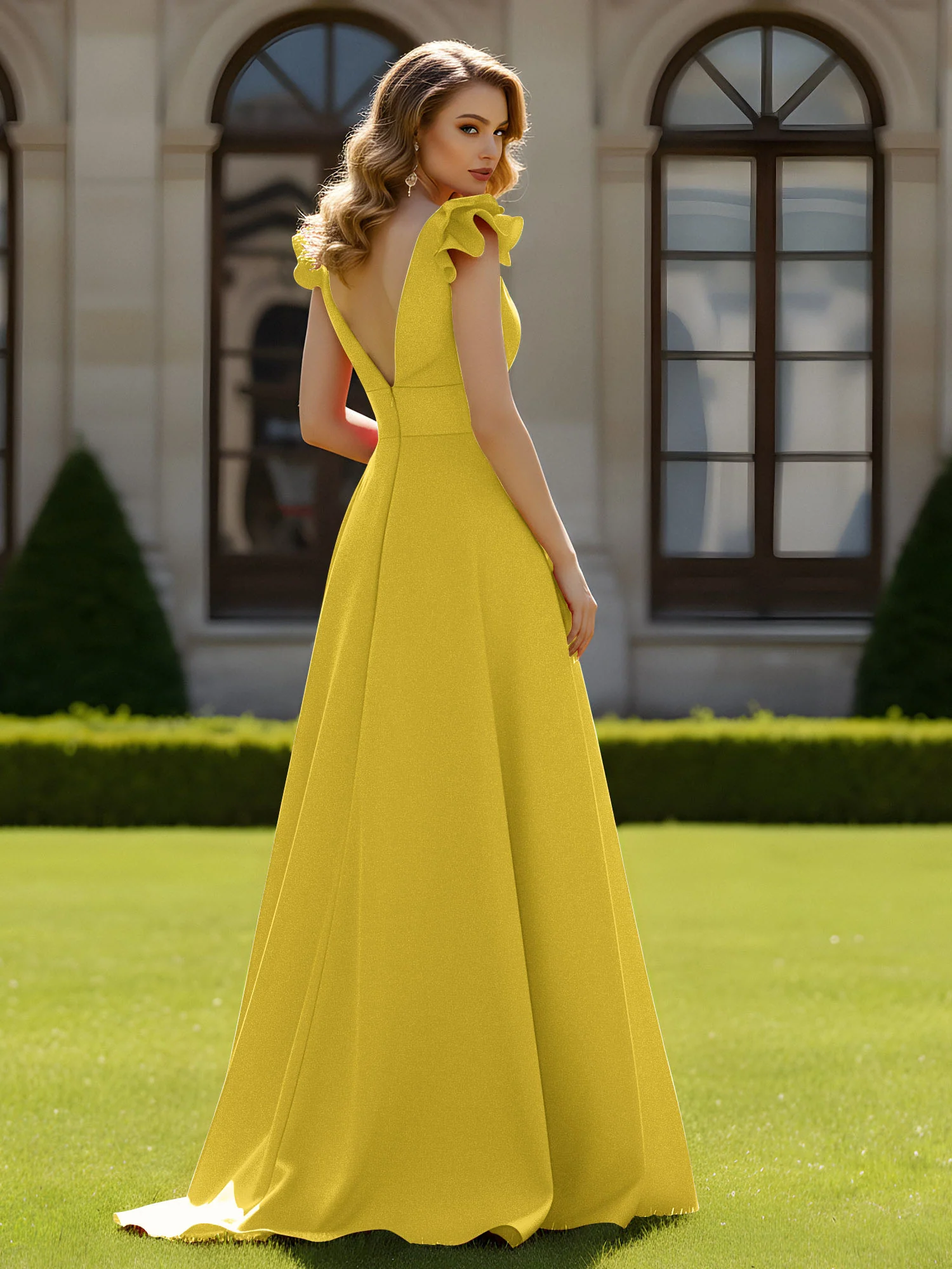 A-line Sculptural Shoulder Ruffle V-neck Long Dress Marigold - Image 2