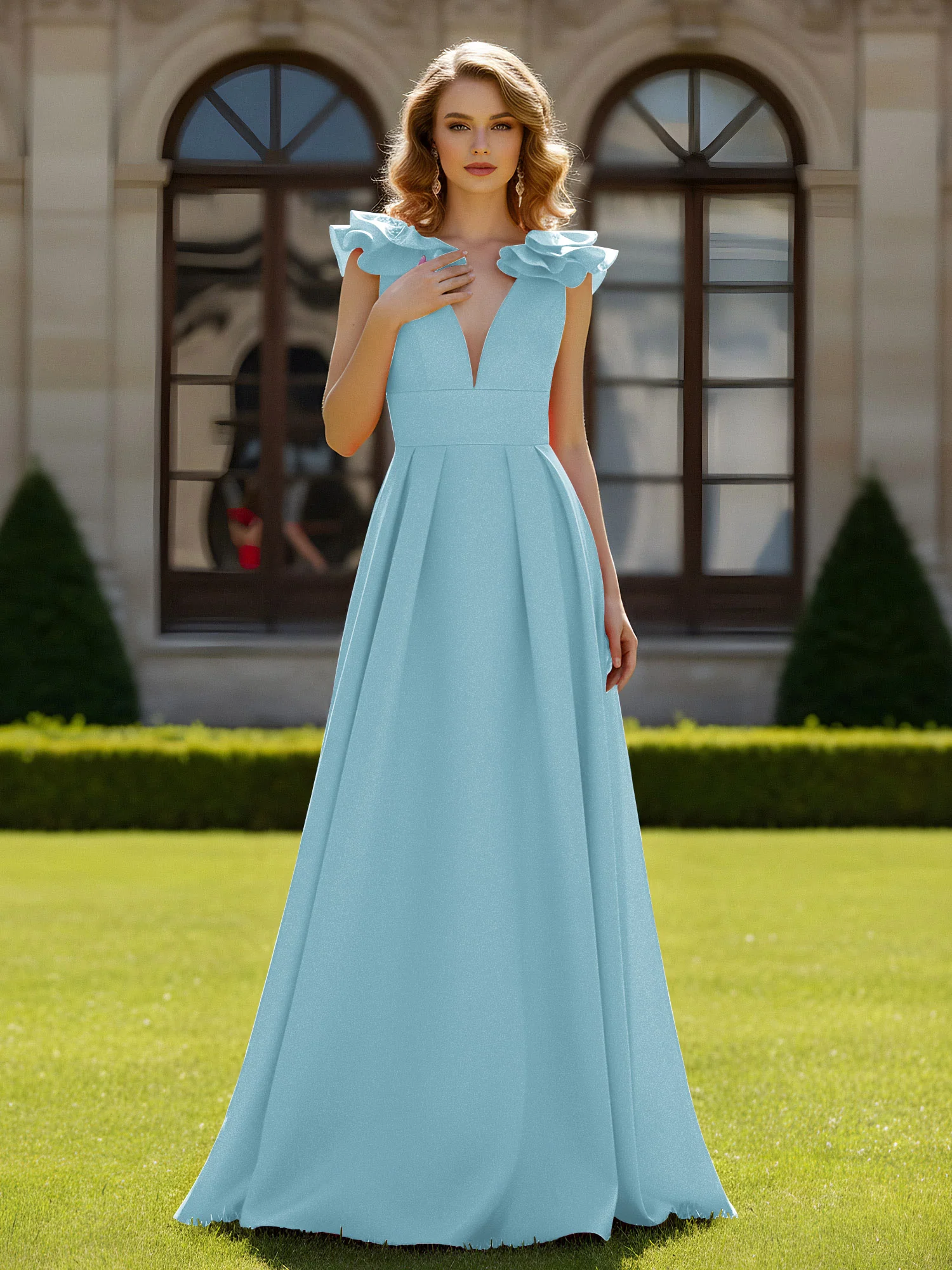 A-line Sculptural Shoulder Ruffle V-neck Long Dress Mist