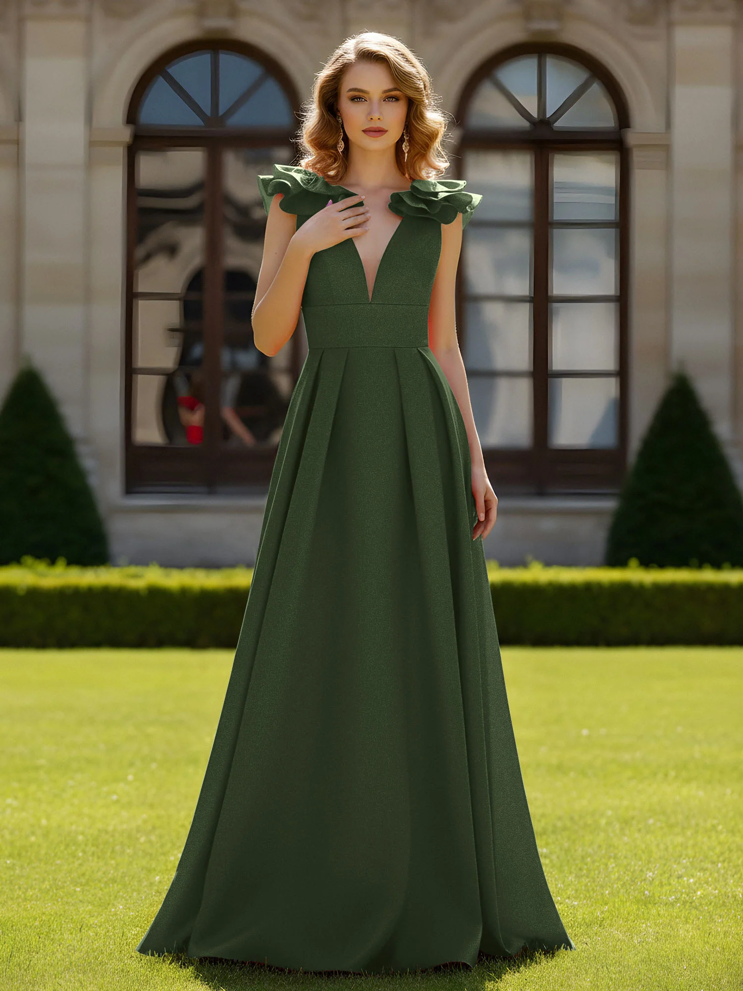 A-line Sculptural Shoulder Ruffle V-neck Long Dress Olive Green