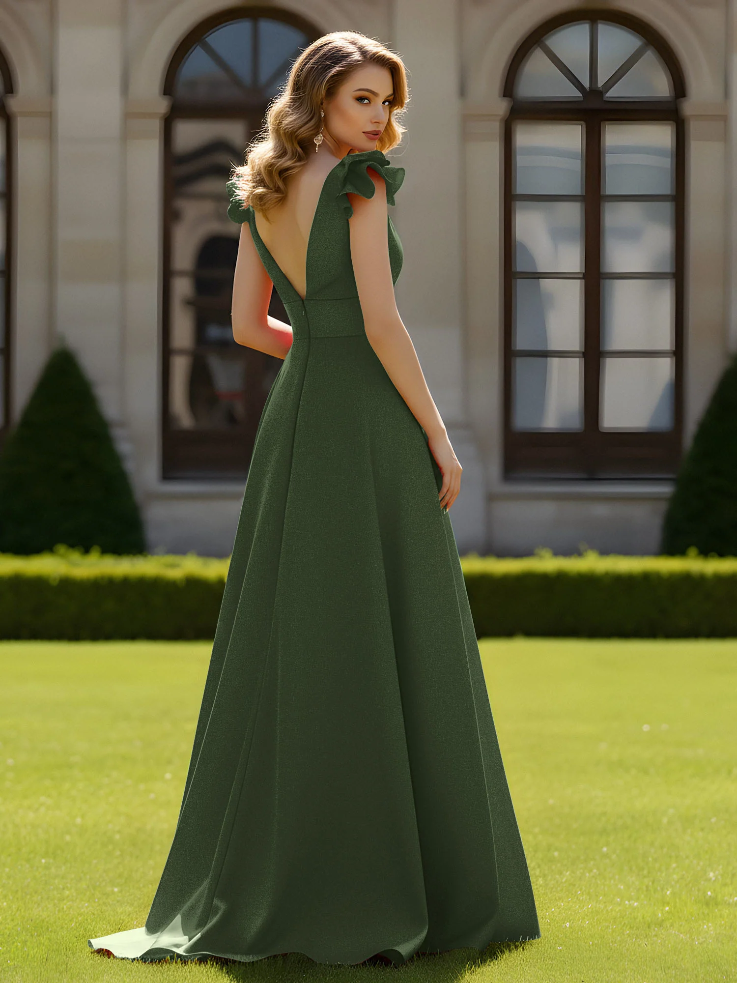 A-line Sculptural Shoulder Ruffle V-neck Long Dress Olive Green - Image 2