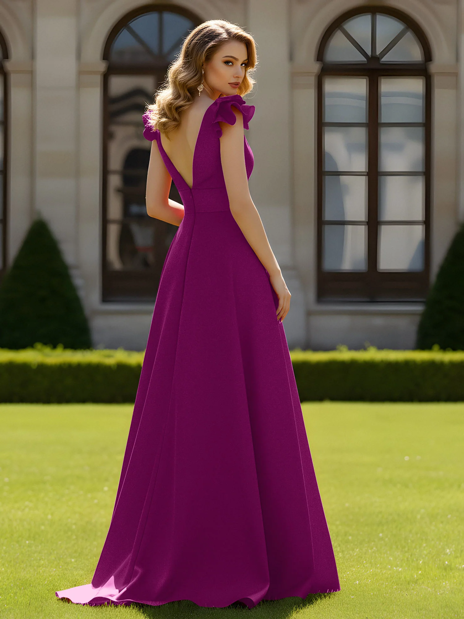 A-line Sculptural Shoulder Ruffle V-neck Long Dress Orchid - Image 2