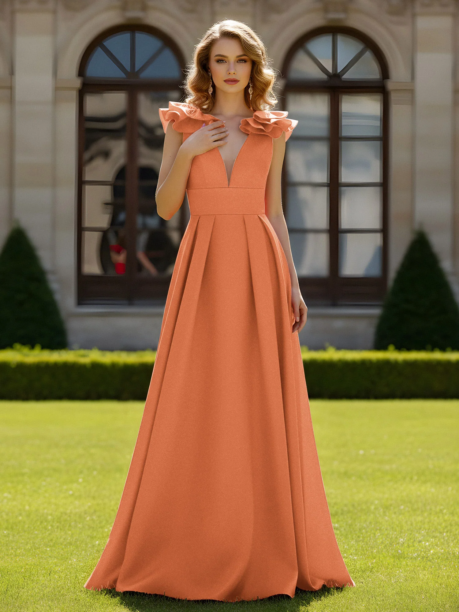 A-line Sculptural Shoulder Ruffle V-neck Long Dress Papaya