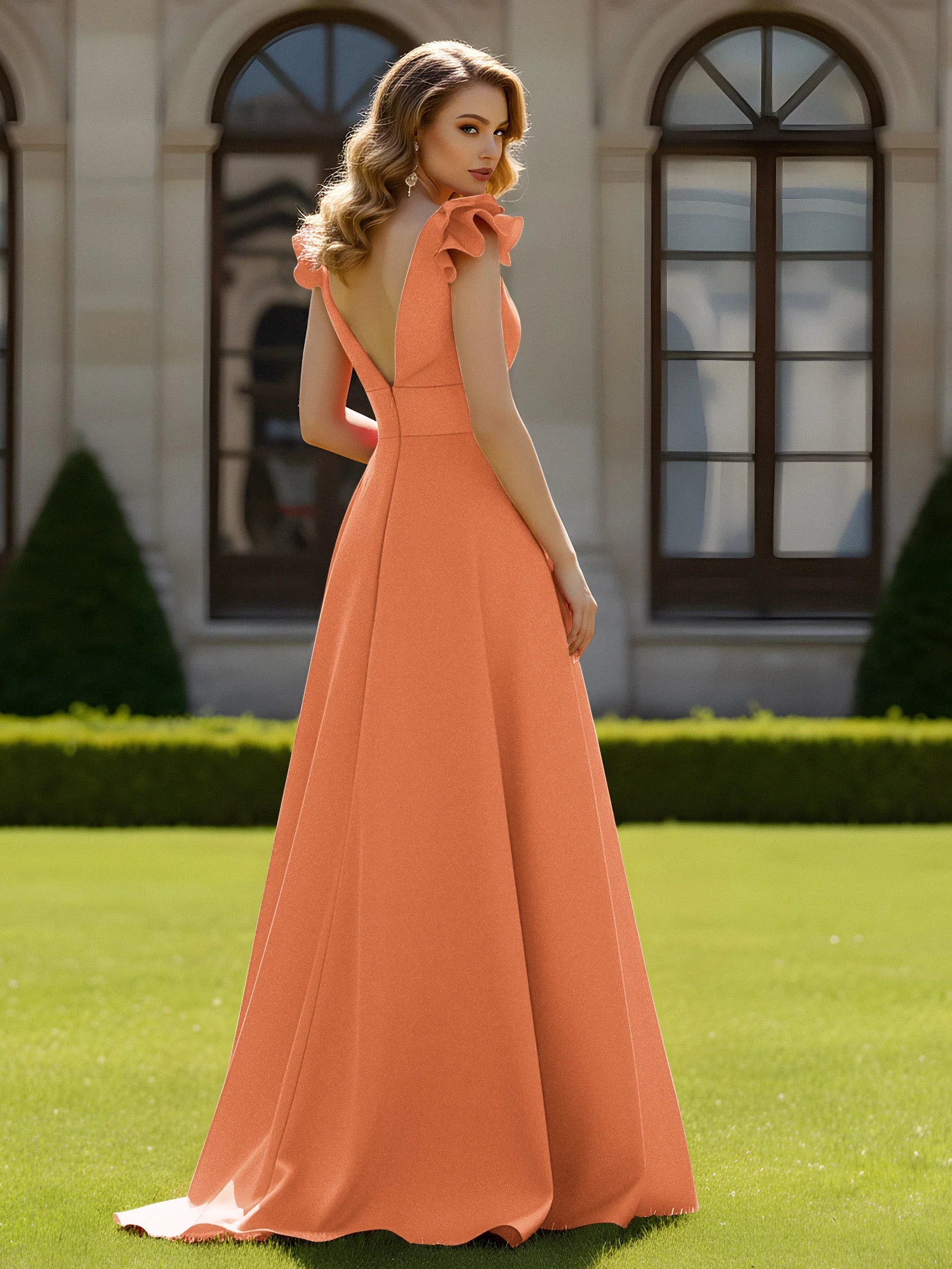 A-line Sculptural Shoulder Ruffle V-neck Long Dress Papaya - Image 2