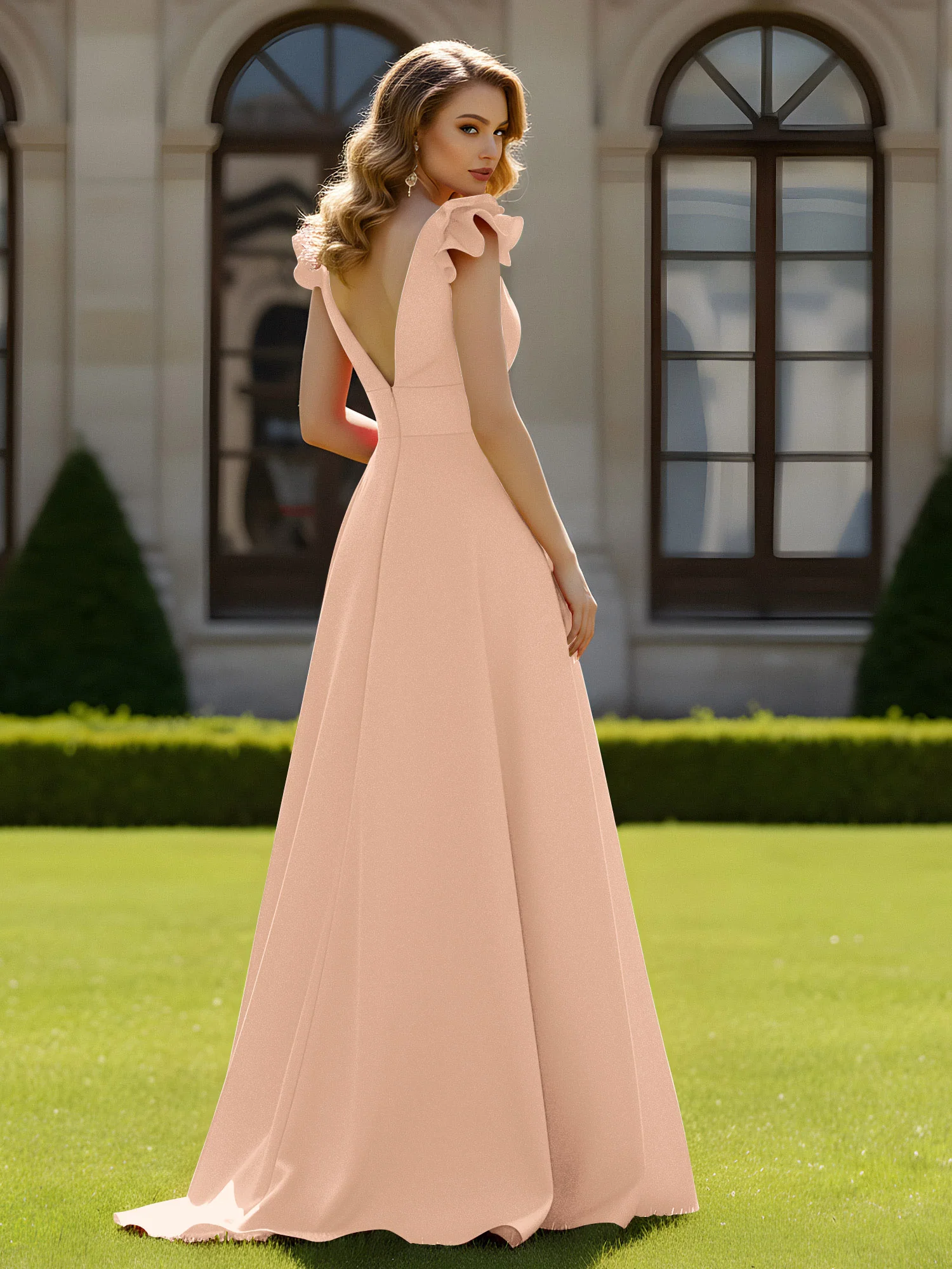 A-line Sculptural Shoulder Ruffle V-neck Long Dress Peach - Image 2