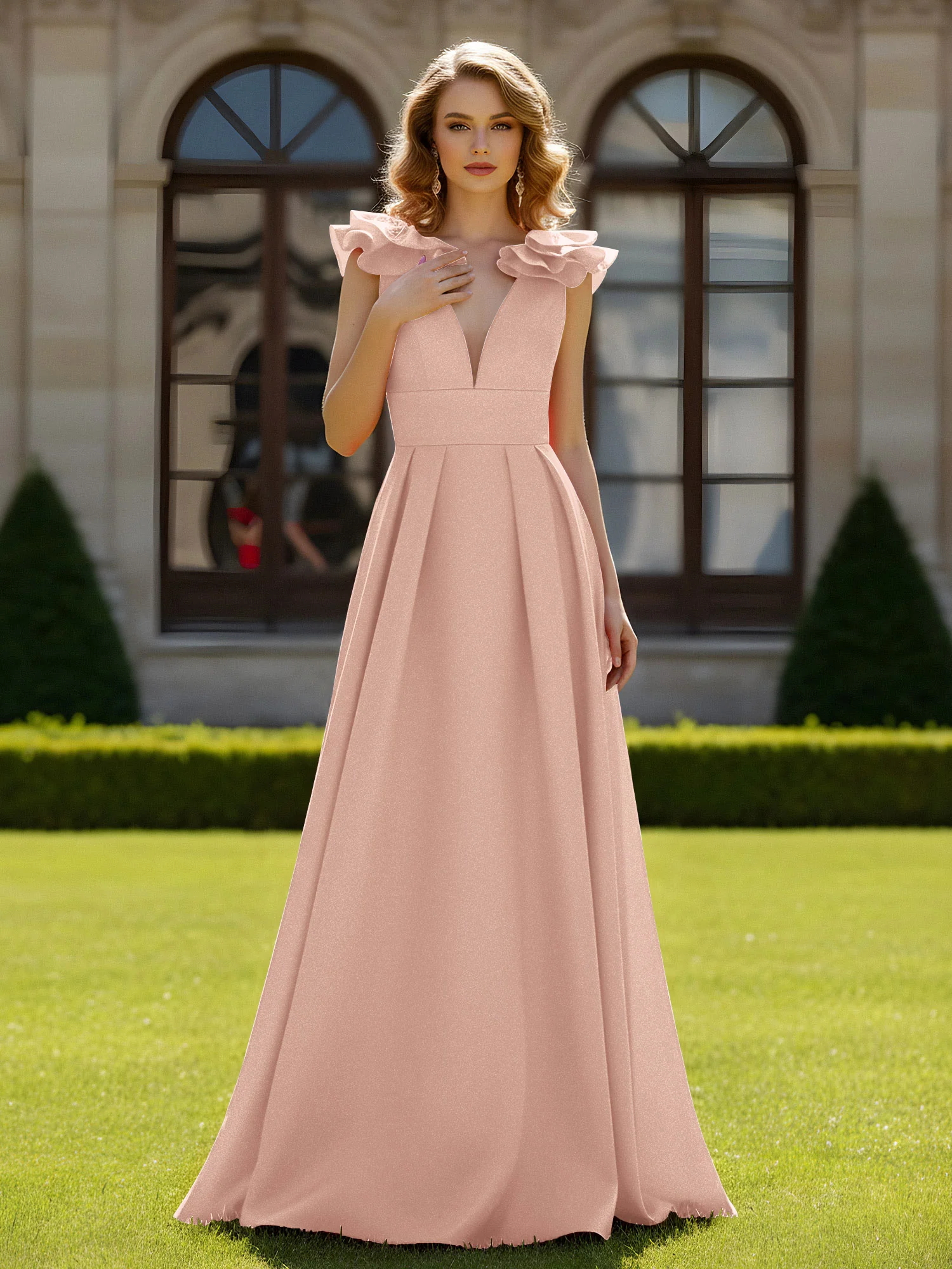 A-line Sculptural Shoulder Ruffle V-neck Long Dress Pearl Pink