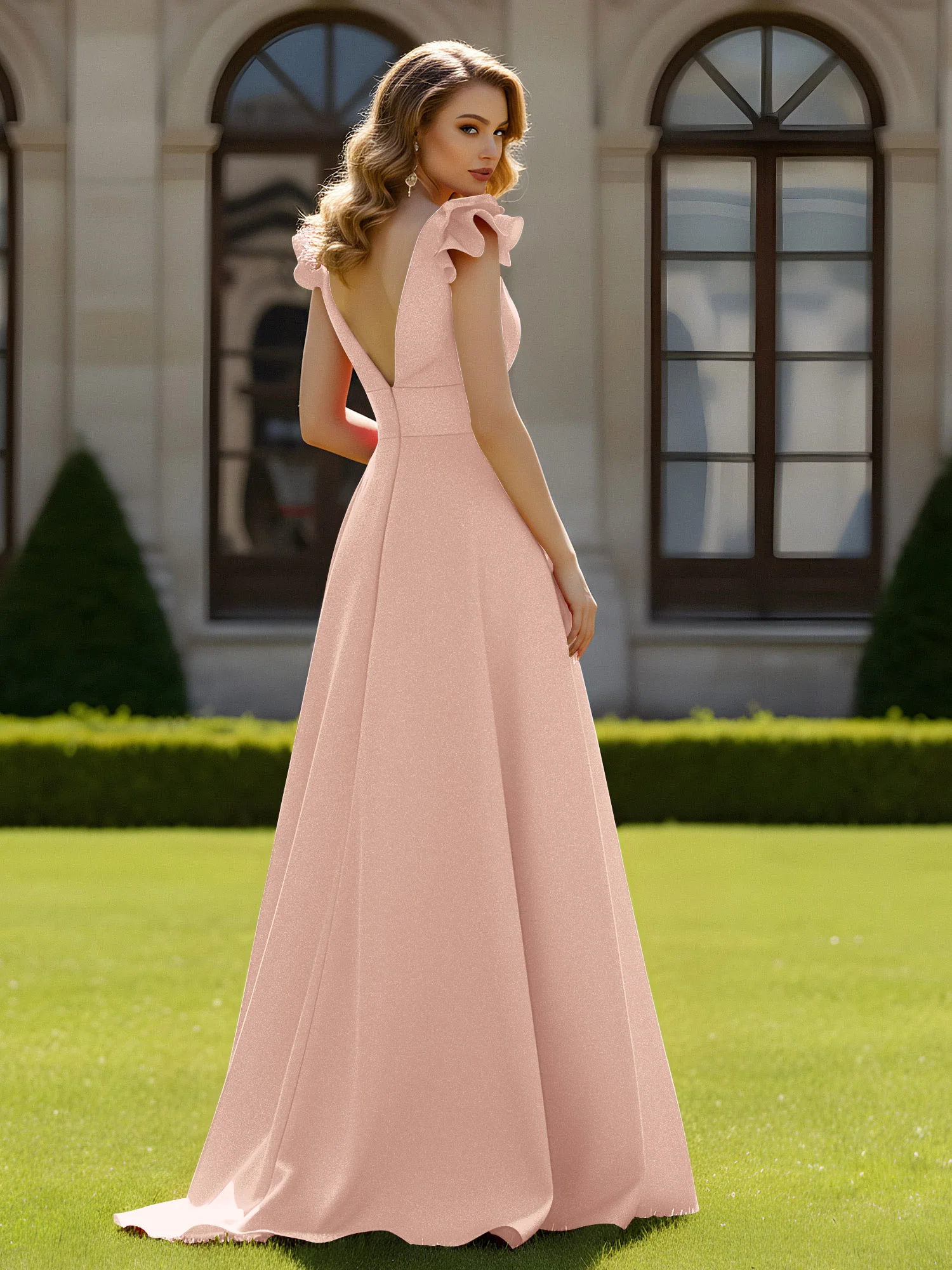 A-line Sculptural Shoulder Ruffle V-neck Long Dress Pearl Pink - Image 2