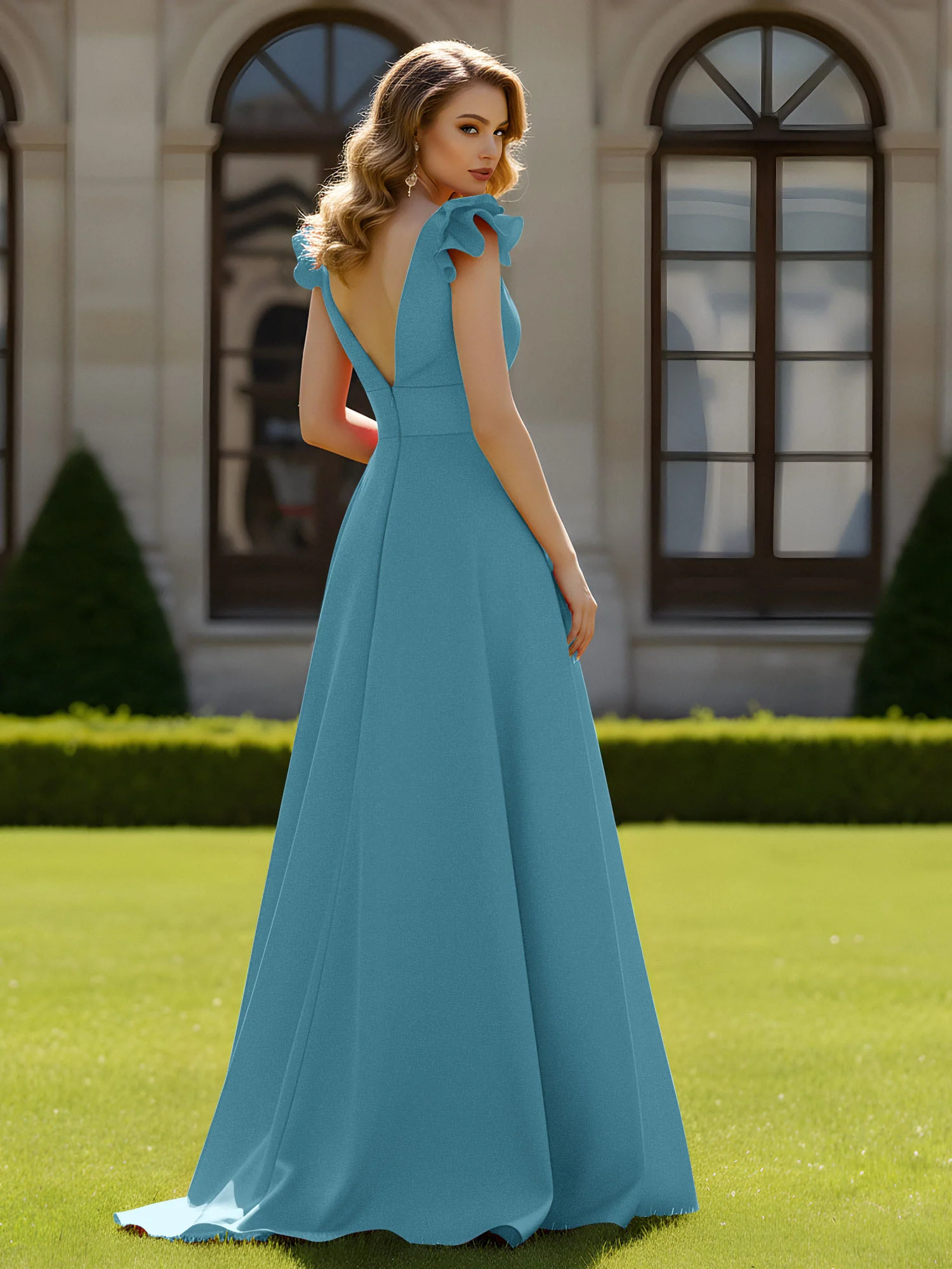 A-line Sculptural Shoulder Ruffle V-neck Long Dress Pool - Image 2