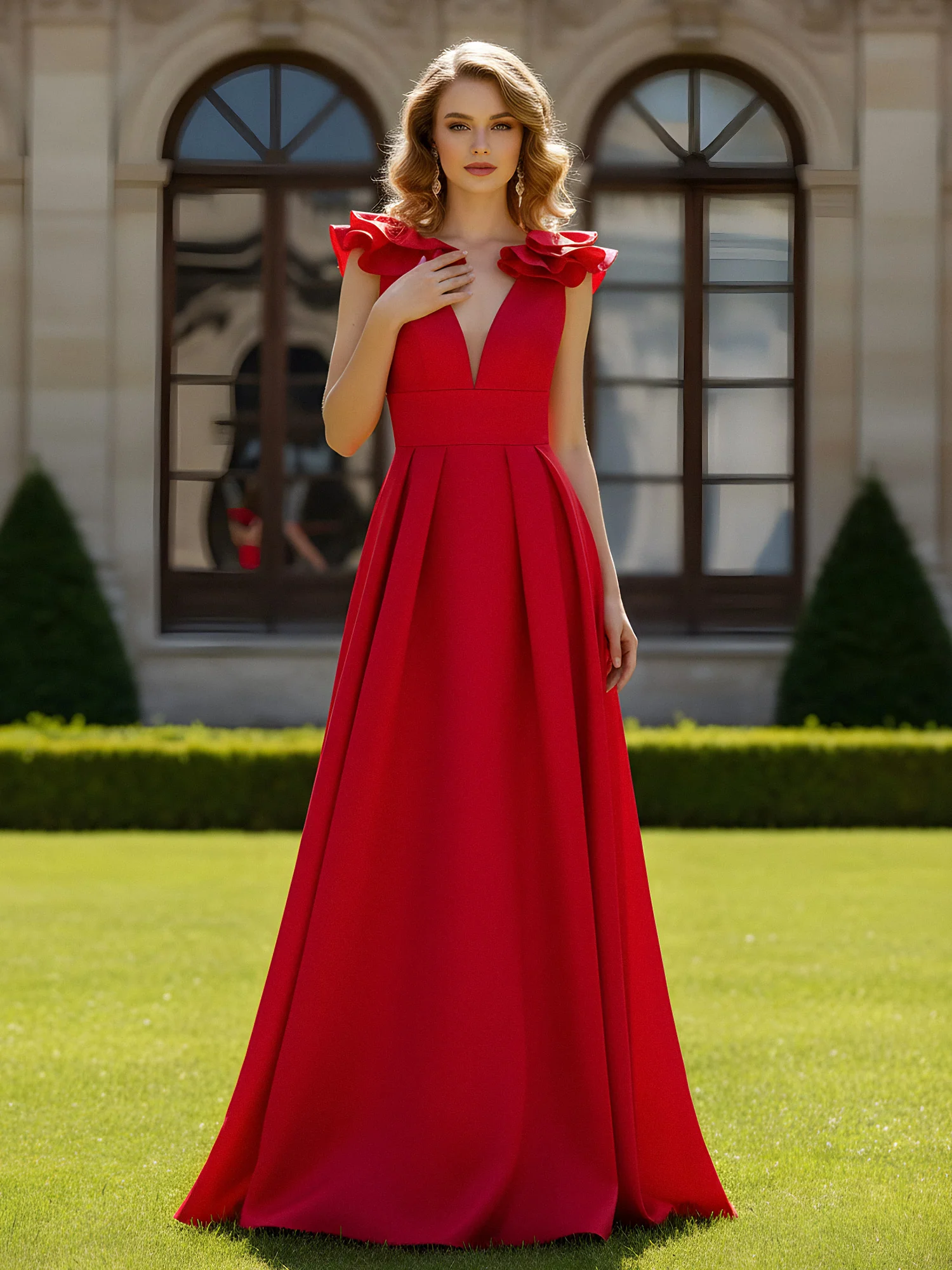 A-line Sculptural Shoulder Ruffle V-neck Long Dress Red