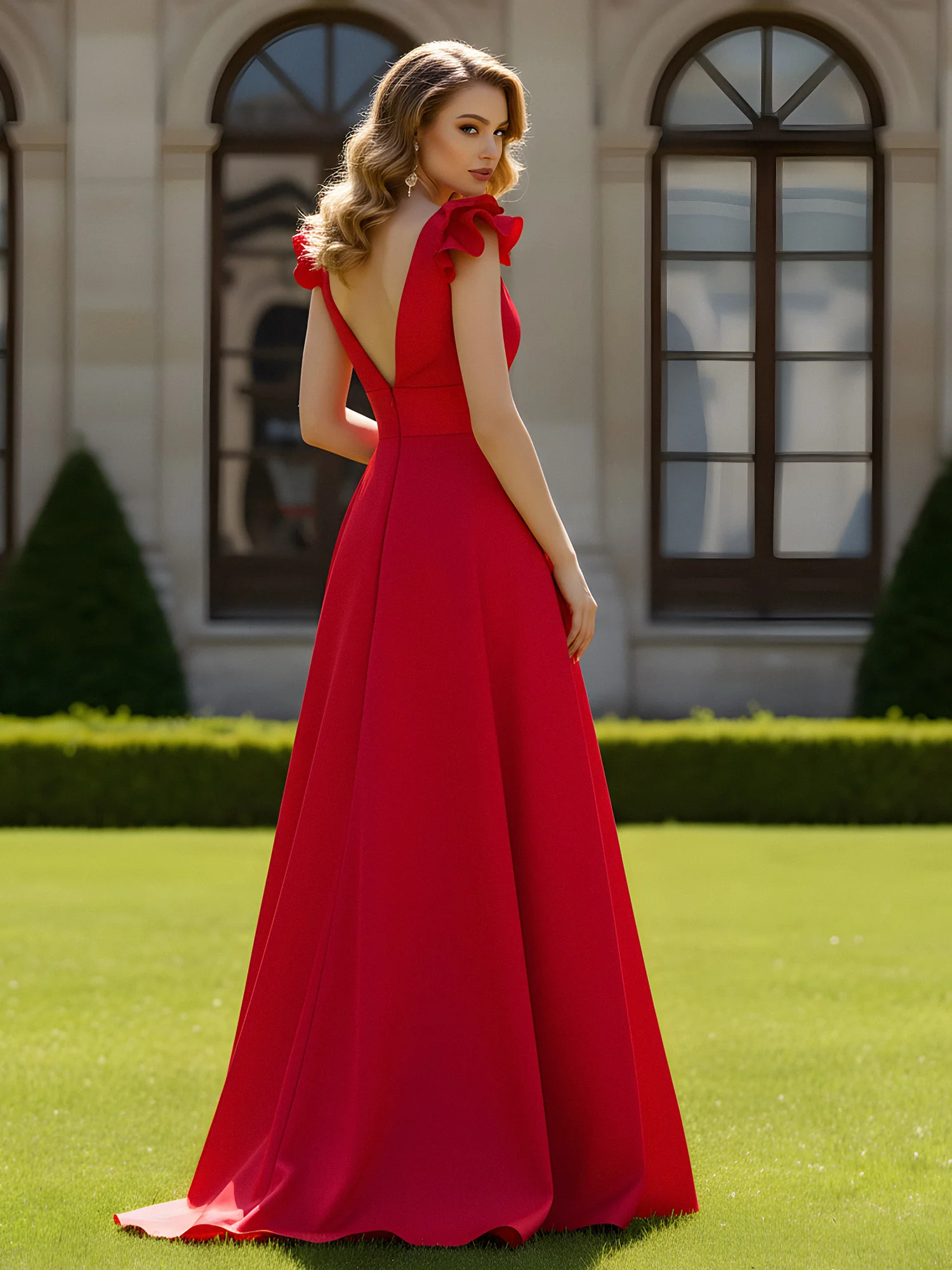 A-line Sculptural Shoulder Ruffle V-neck Long Dress Red - Image 2