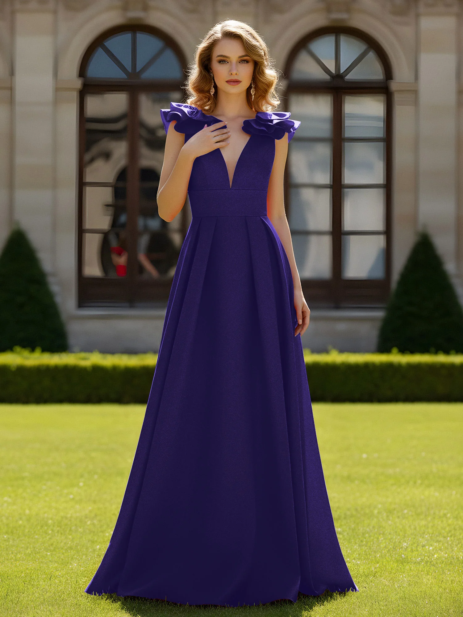 A-line Sculptural Shoulder Ruffle V-neck Long Dress Regency