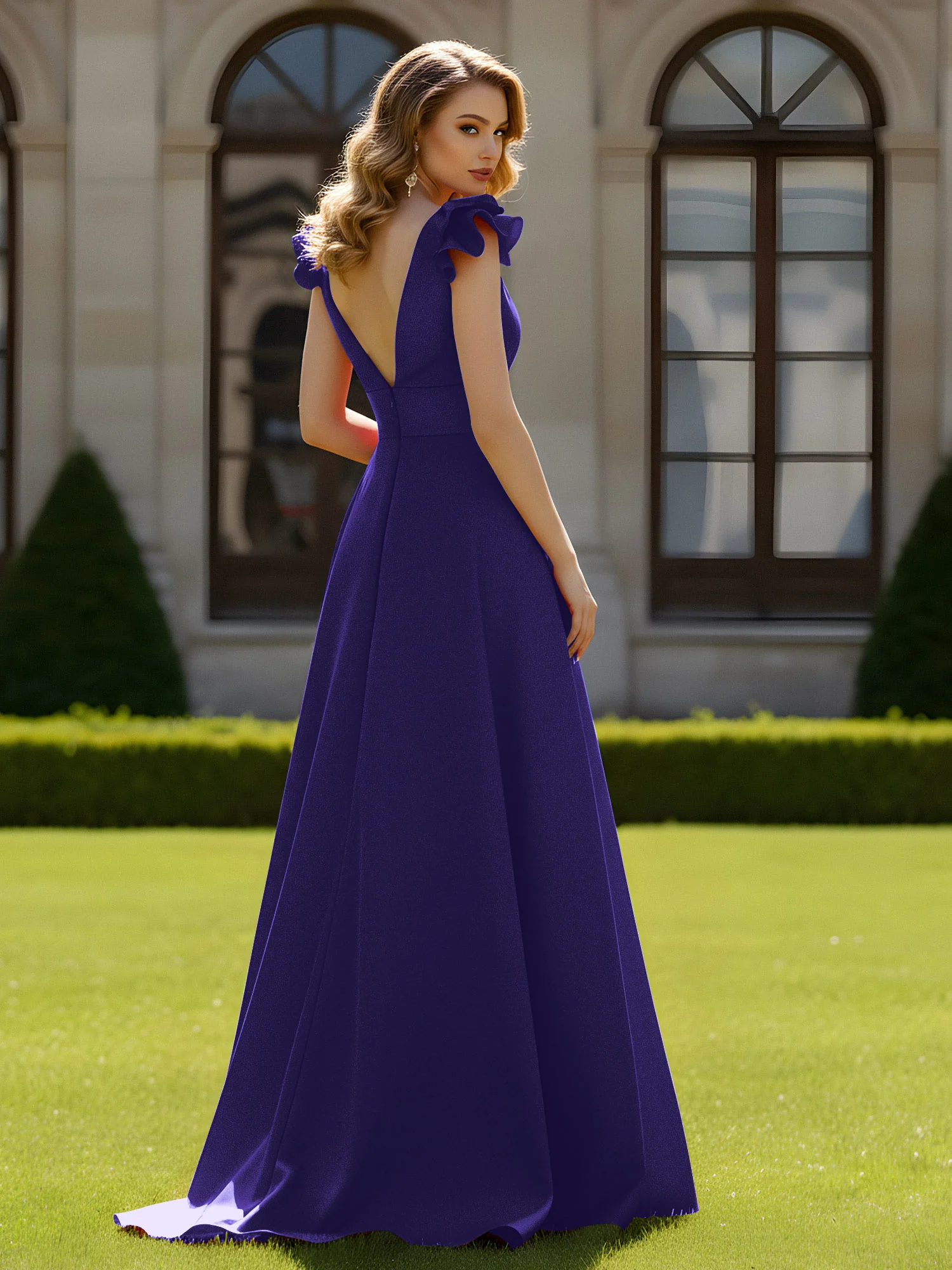 A-line Sculptural Shoulder Ruffle V-neck Long Dress Regency - Image 2