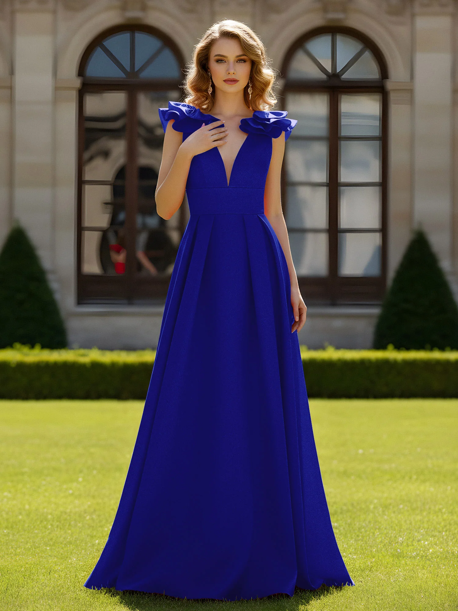 A-line Sculptural Shoulder Ruffle V-neck Long Dress Royal Blue
