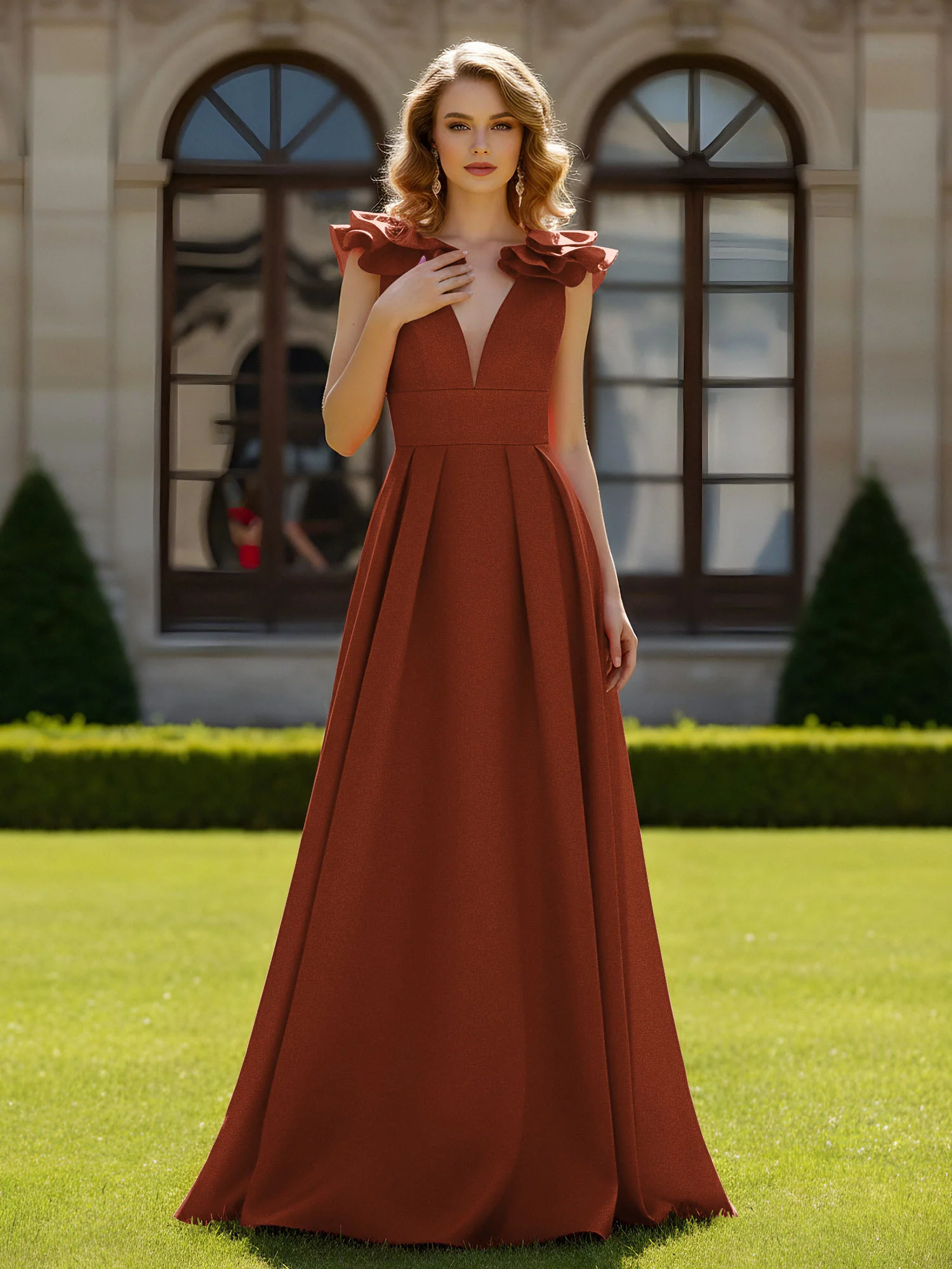 A-line Sculptural Shoulder Ruffle V-neck Long Dress Rust