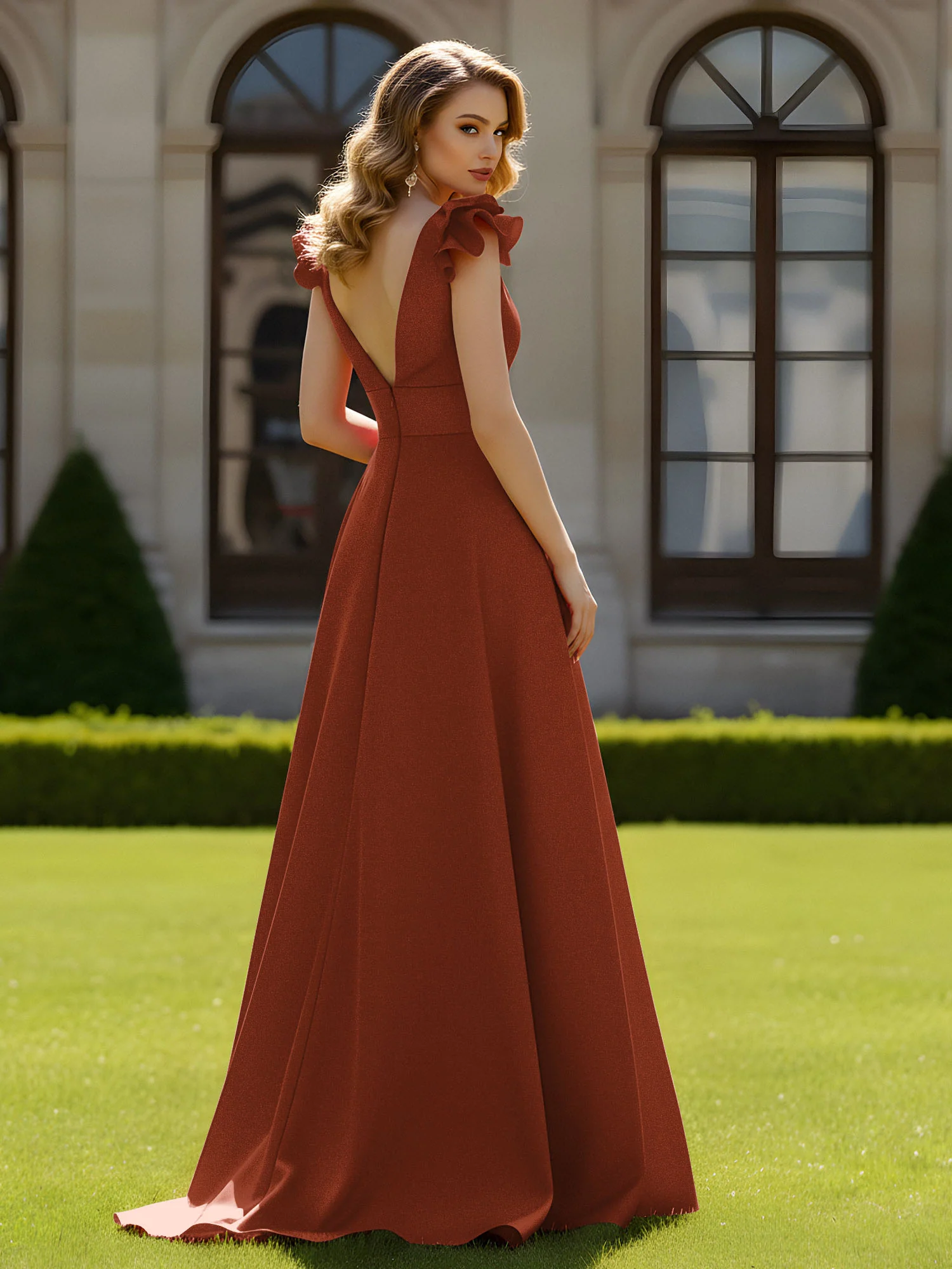 A-line Sculptural Shoulder Ruffle V-neck Long Dress Rust - Image 2