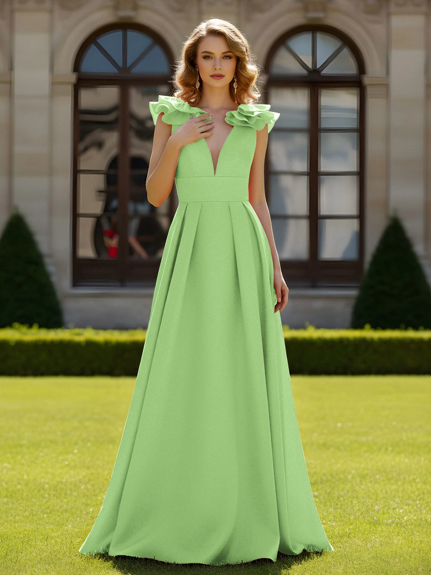 A-line Sculptural Shoulder Ruffle V-neck Long Dress Sage