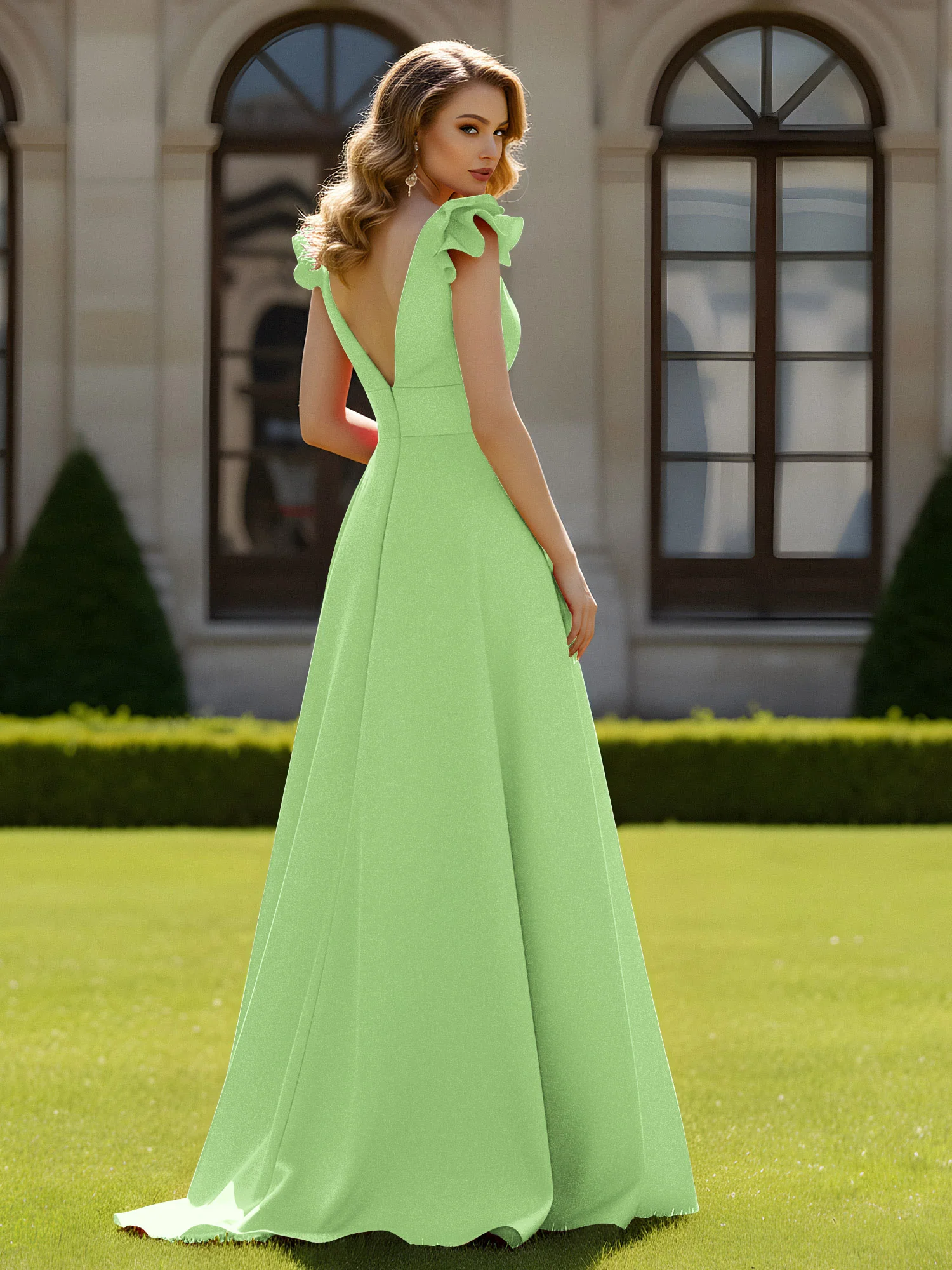 A-line Sculptural Shoulder Ruffle V-neck Long Dress Sage - Image 2