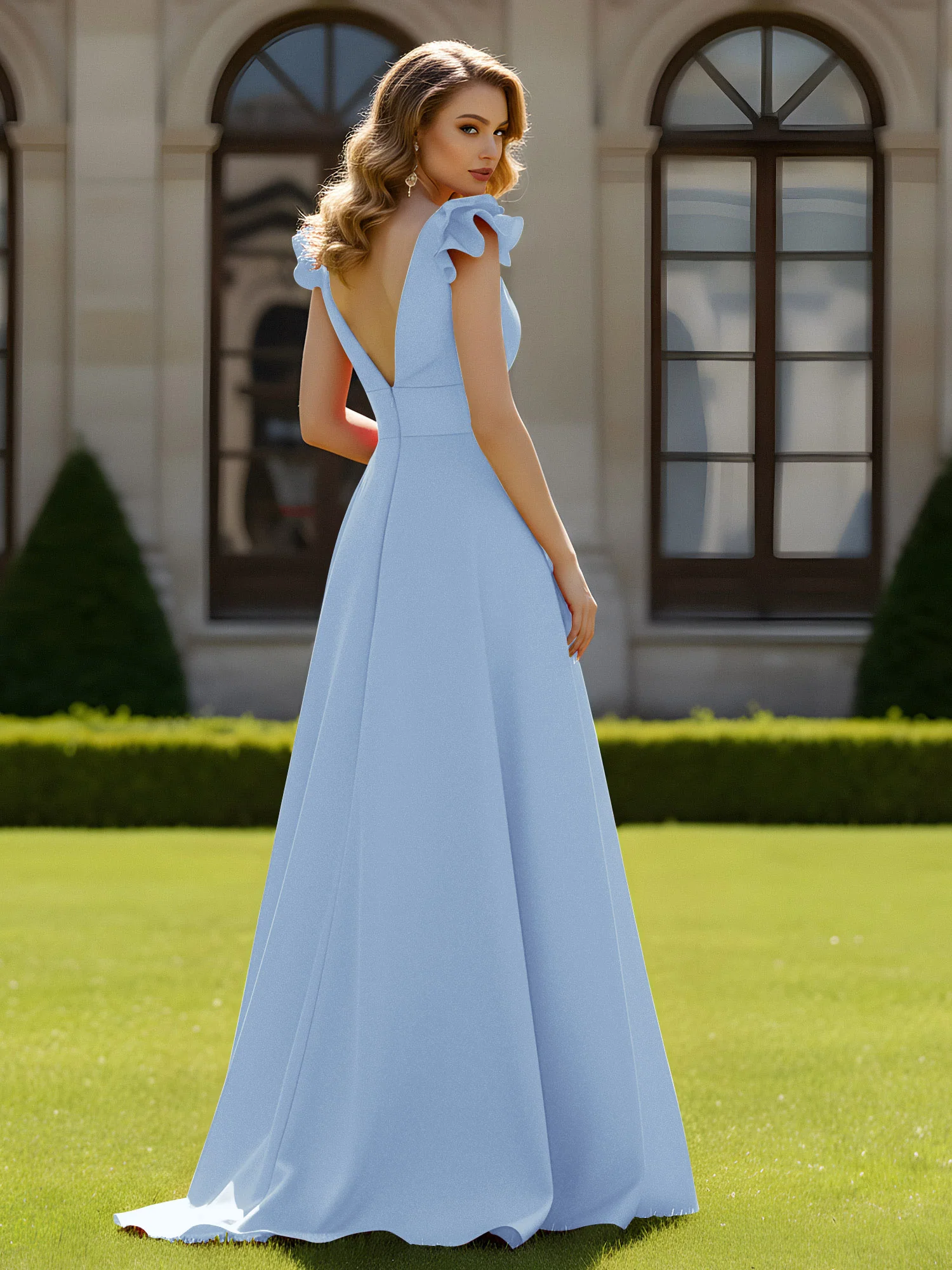 A-line Sculptural Shoulder Ruffle V-neck Long Dress Sky Blue - Image 2