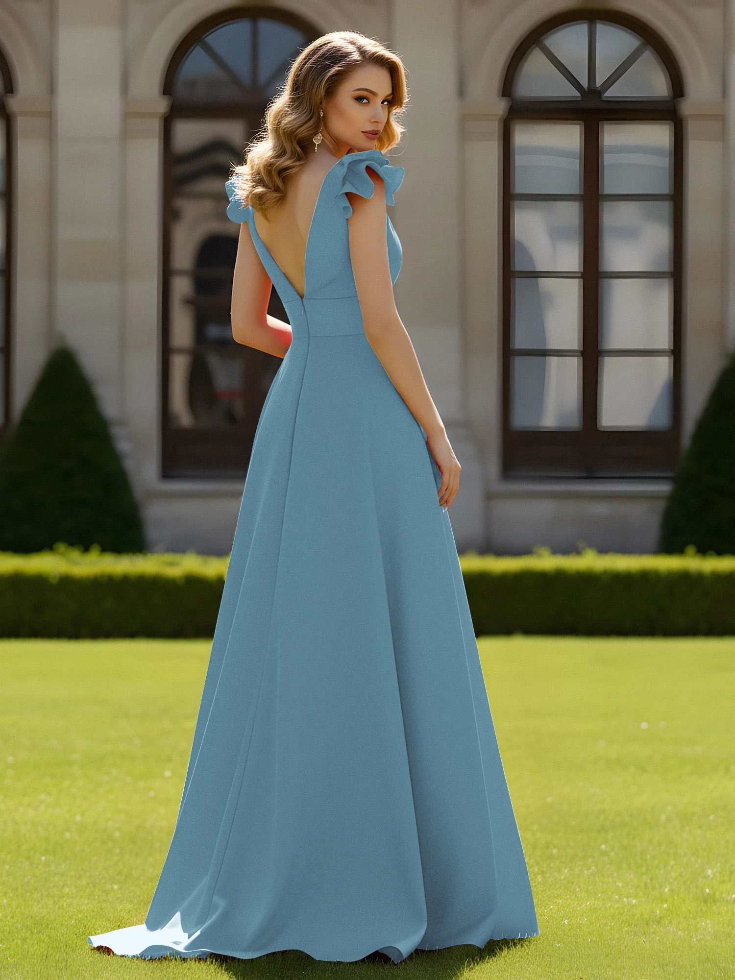 A-line Sculptural Shoulder Ruffle V-neck Long Dress Slate Blue - Image 2