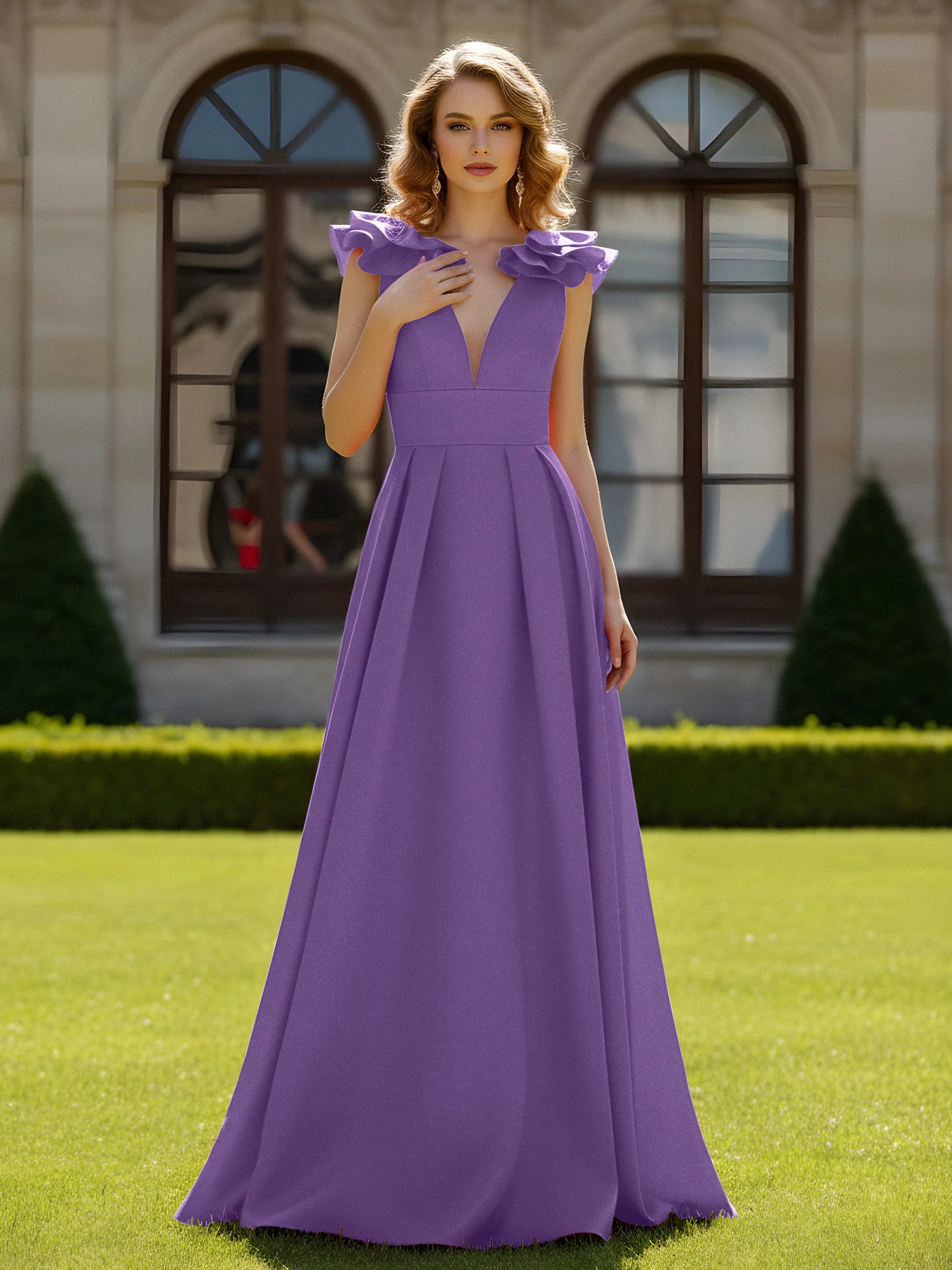 A-line Sculptural Shoulder Ruffle V-neck Long Dress Tahiti