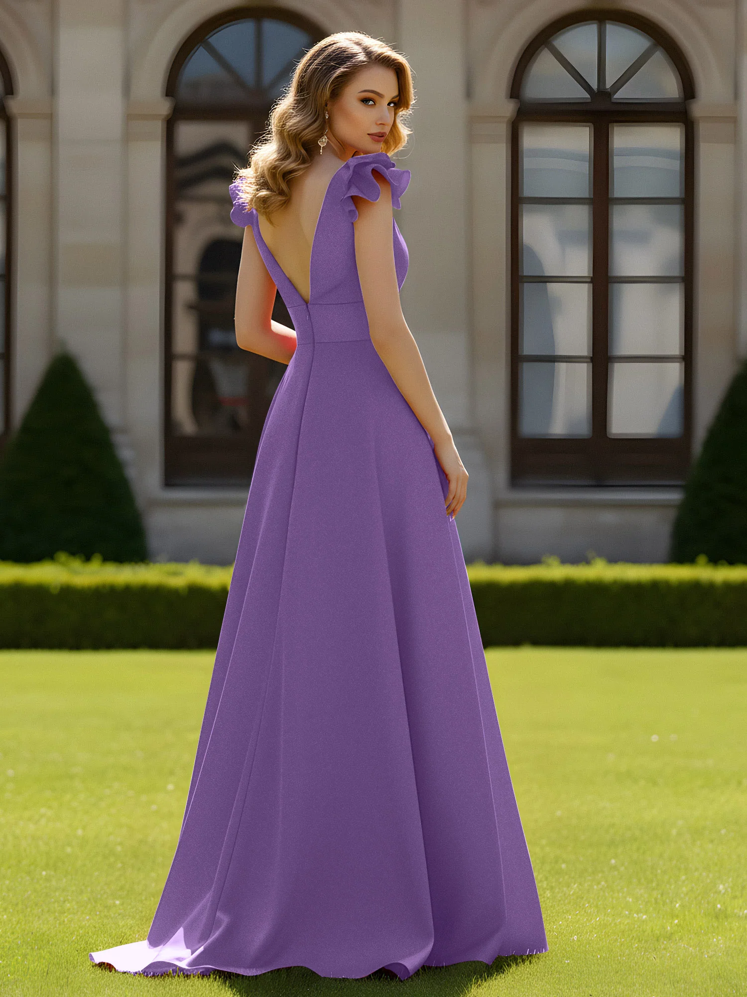 A-line Sculptural Shoulder Ruffle V-neck Long Dress Tahiti - Image 2